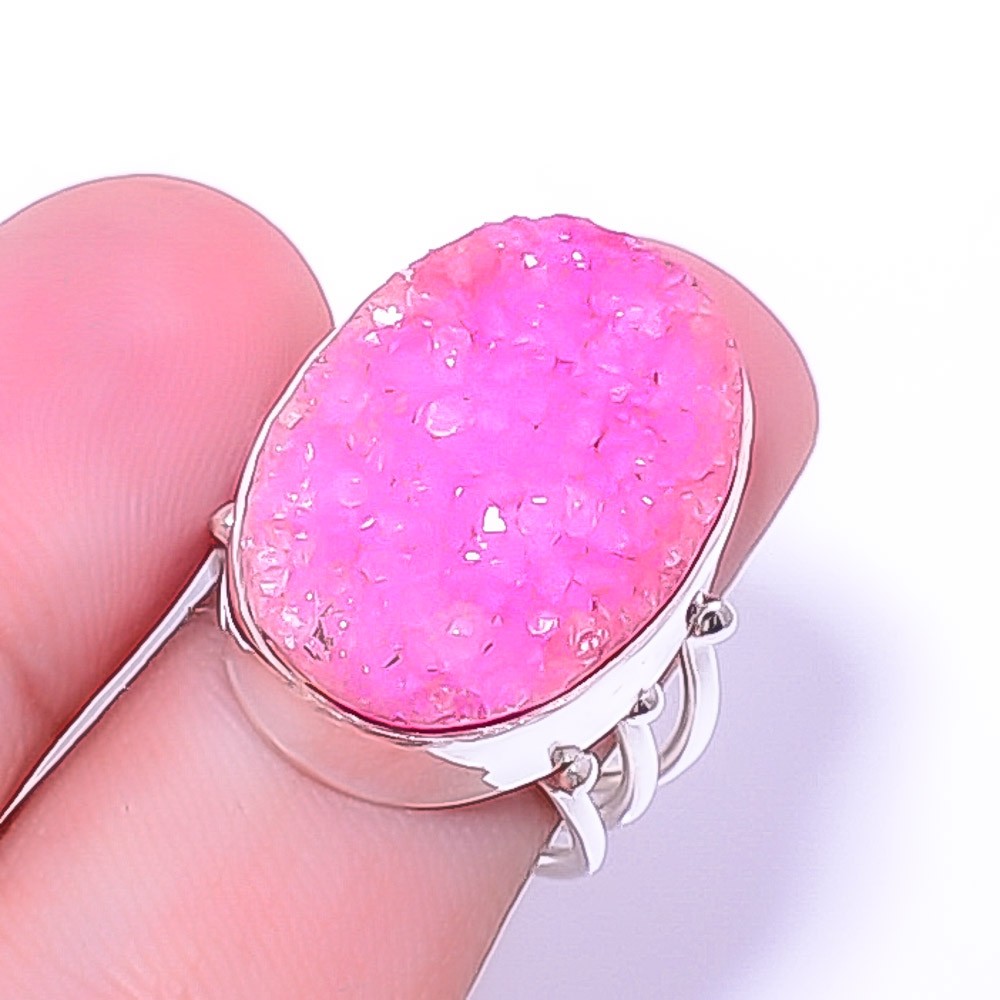 Pink Quartz Drusy 925 Sterling Silver Ring S.6.5 R38015727, Christmas Gift
