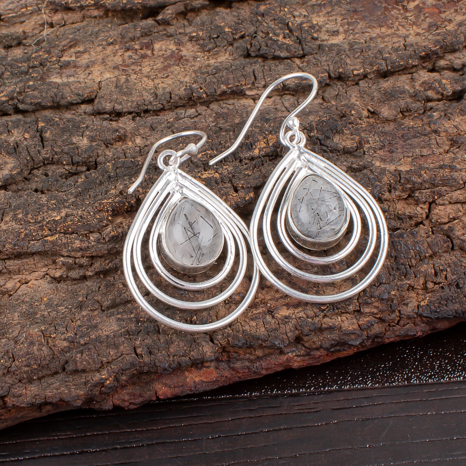 Black Rutile Gemstone Drop/Dangle Grey Earrings 925 Sterling Silver Jewelry