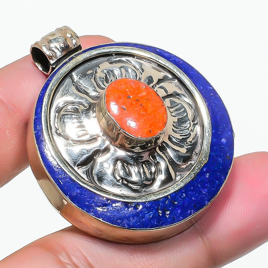 Red Coral Lapis lazuli Pendant Handmade Boho Tibetan Nepali Jewelry 1.7″ NP 2414