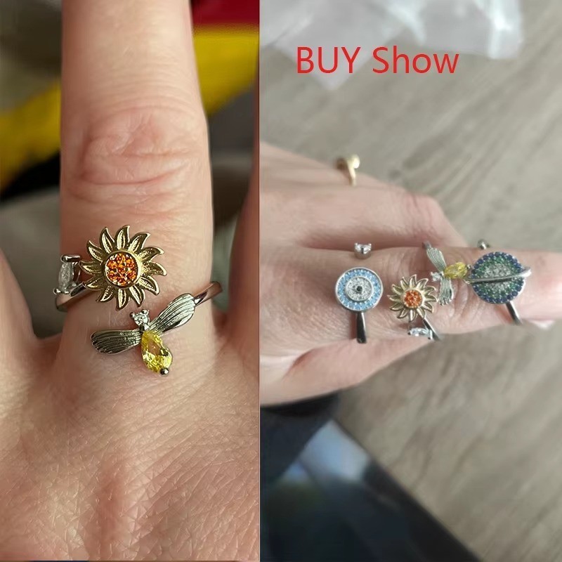 Anti Stress Anxiety Fidget Rings for Women Satinless Steel Spinner Sunflower Sun