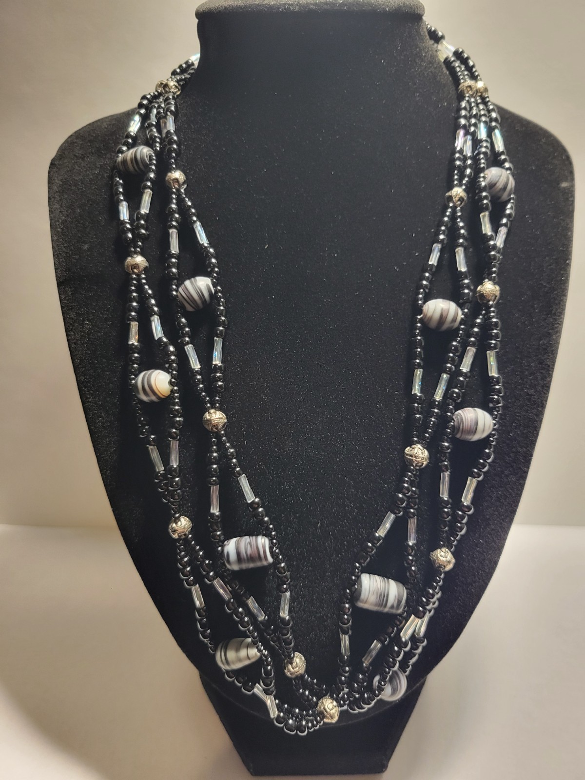 Fashion Multi-Strand Bead Necklace, Black and White, Adjustable Length
