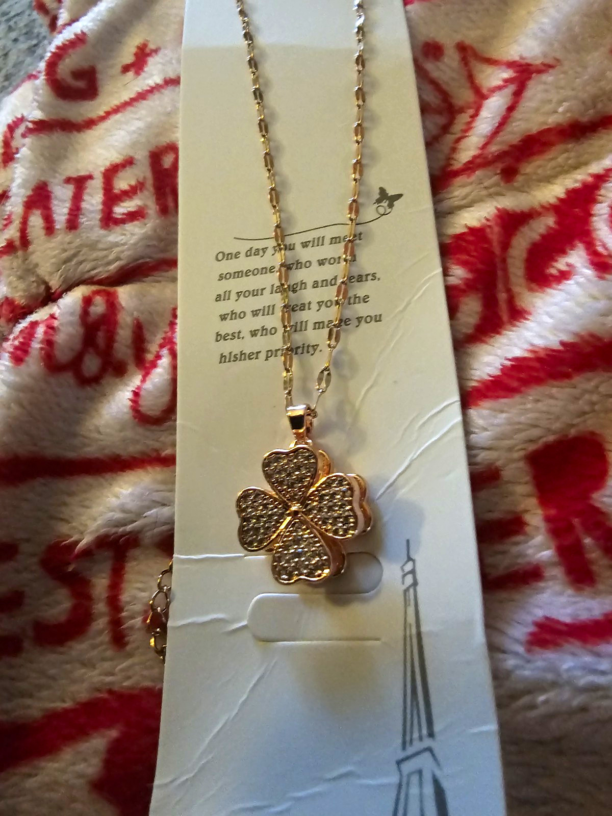 Gold Tone Stainless Steel Clear Crystal Clover Pendant Cable Chain Necklace