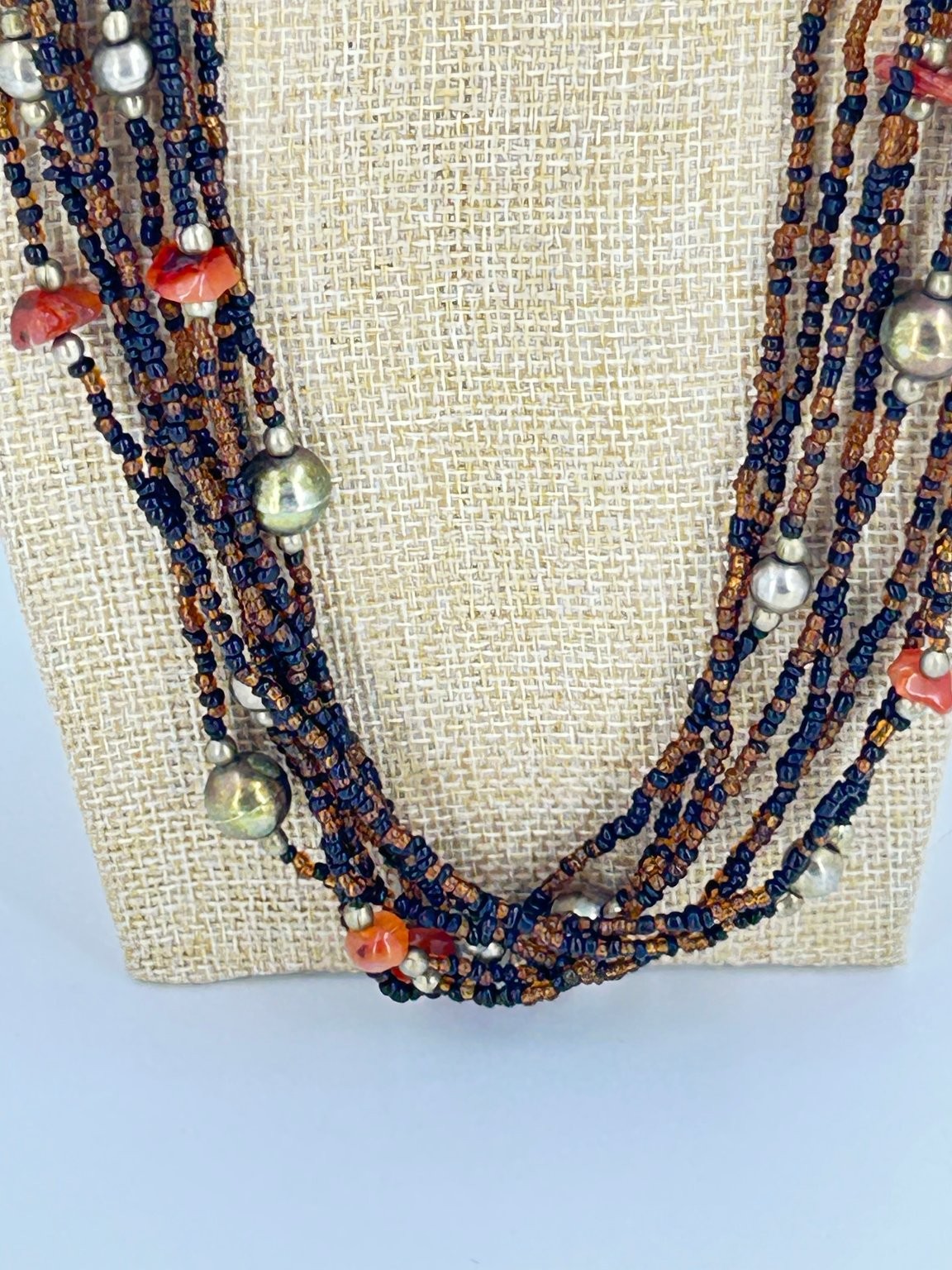Vintage Multi-Strand Beaded Necklace 25in Brown Black Silver Beads