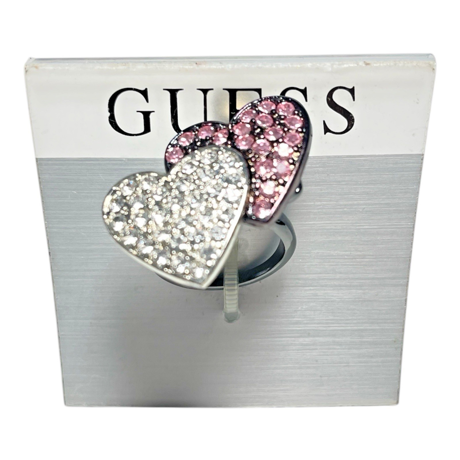 Guess Two Hearts Crystal Ring Silver Black Pink Signed New Size 7