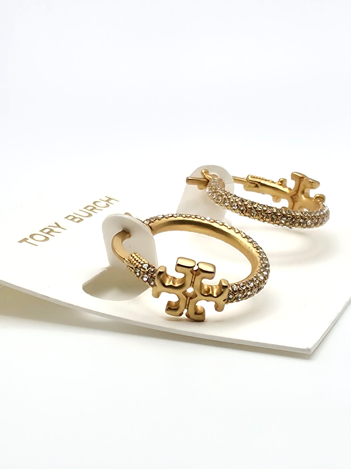 Tory Burch Small Gold Tone Pavé Hoop Earrings Double T Logo 21mm New