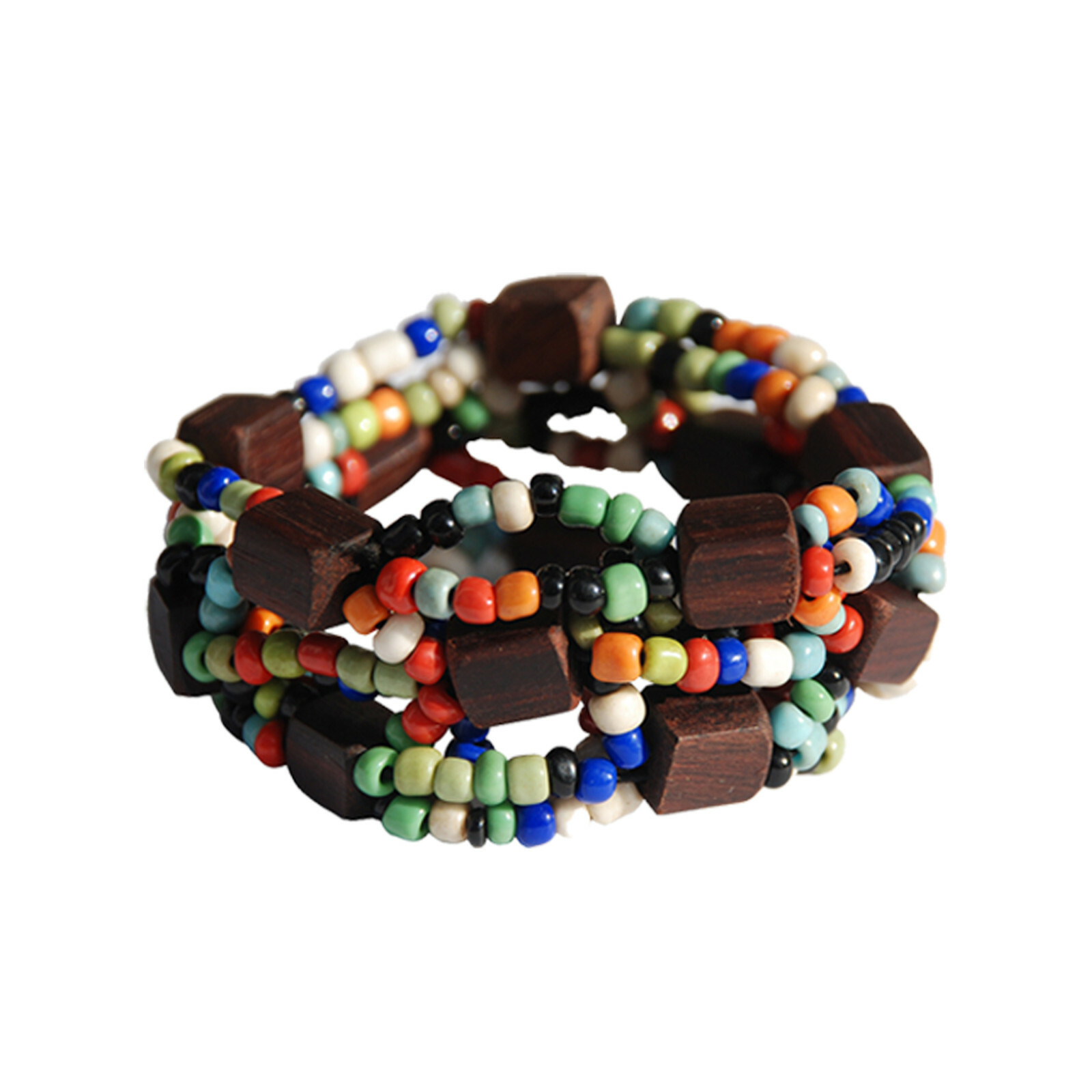 Beautiful Multi-color 10-Strand Elastic Glass Bracelet With Dark Hard Wood Bead