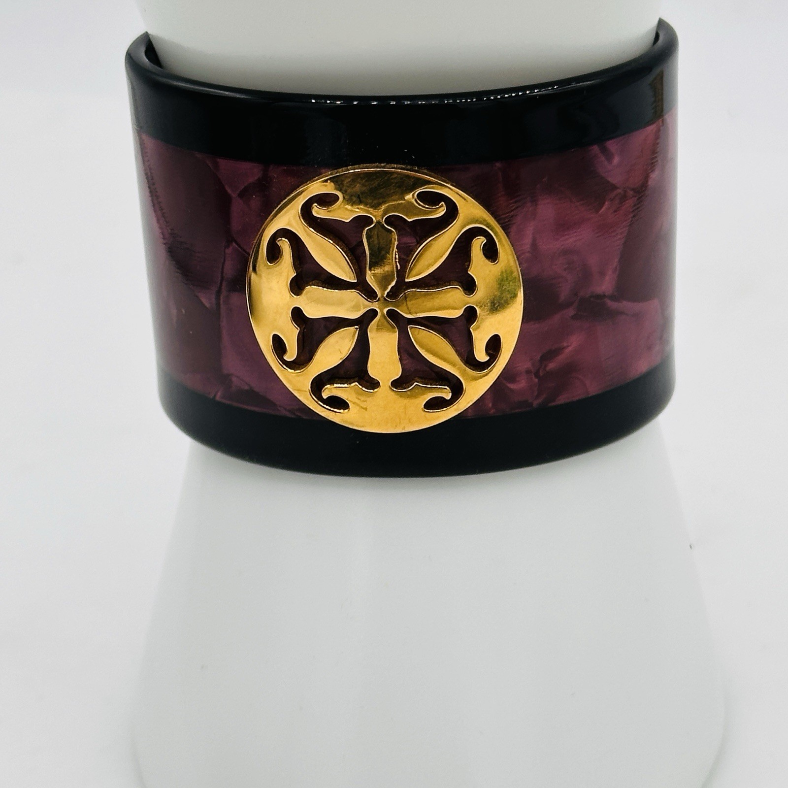 Rustic Cuff Plum Marbled Lucite Wide Open Cuff Bracelet Gold Medallion Statement