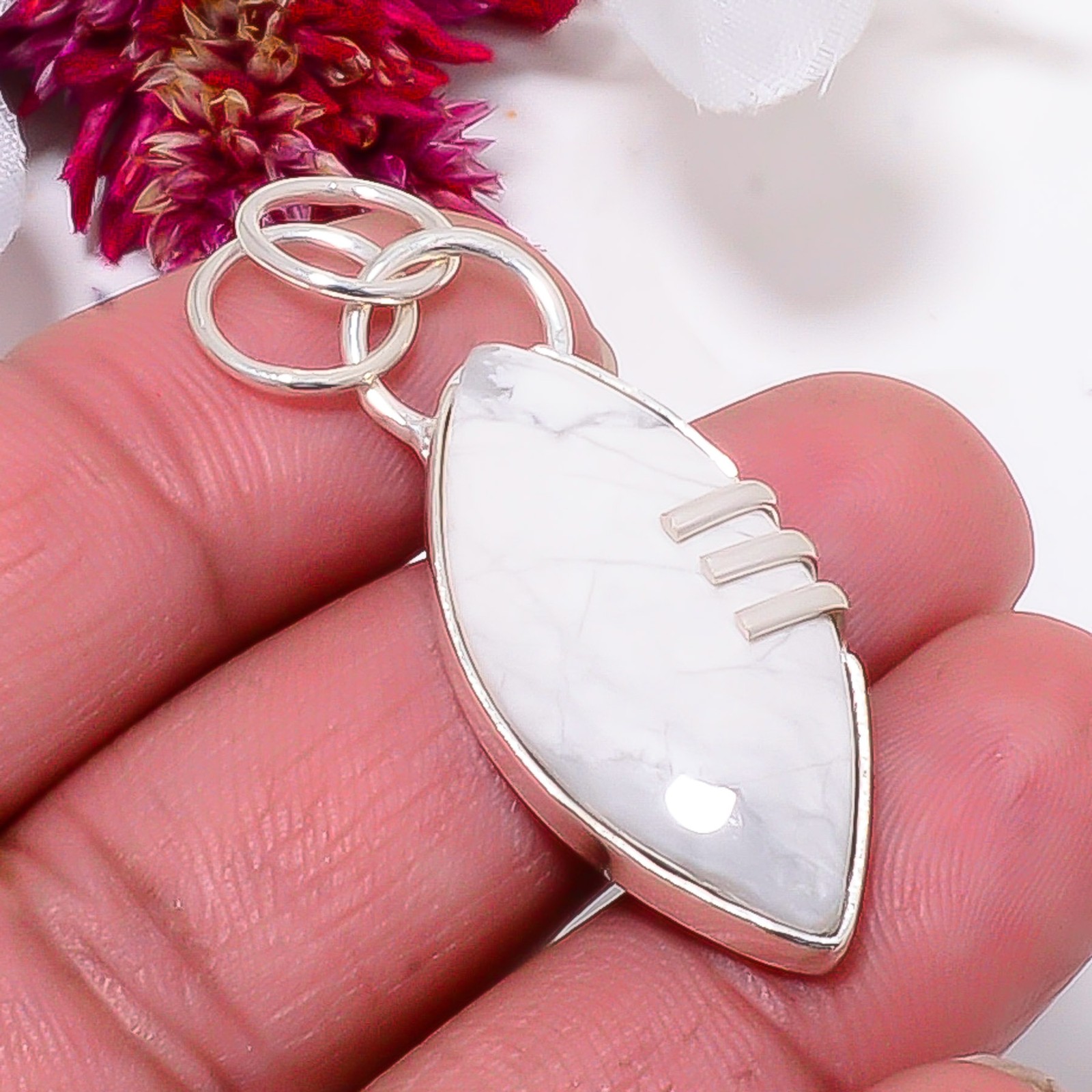 Natural White Howlite – United States 925 Sterling Silver Pendant 1.76″ sku59