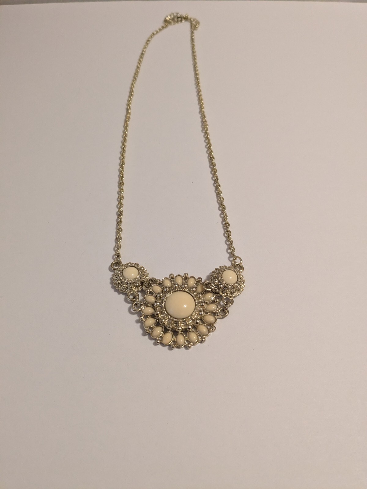 Gold Tone Flower Pendant Statement Necklace With Off White Acrylic Beads 24″.