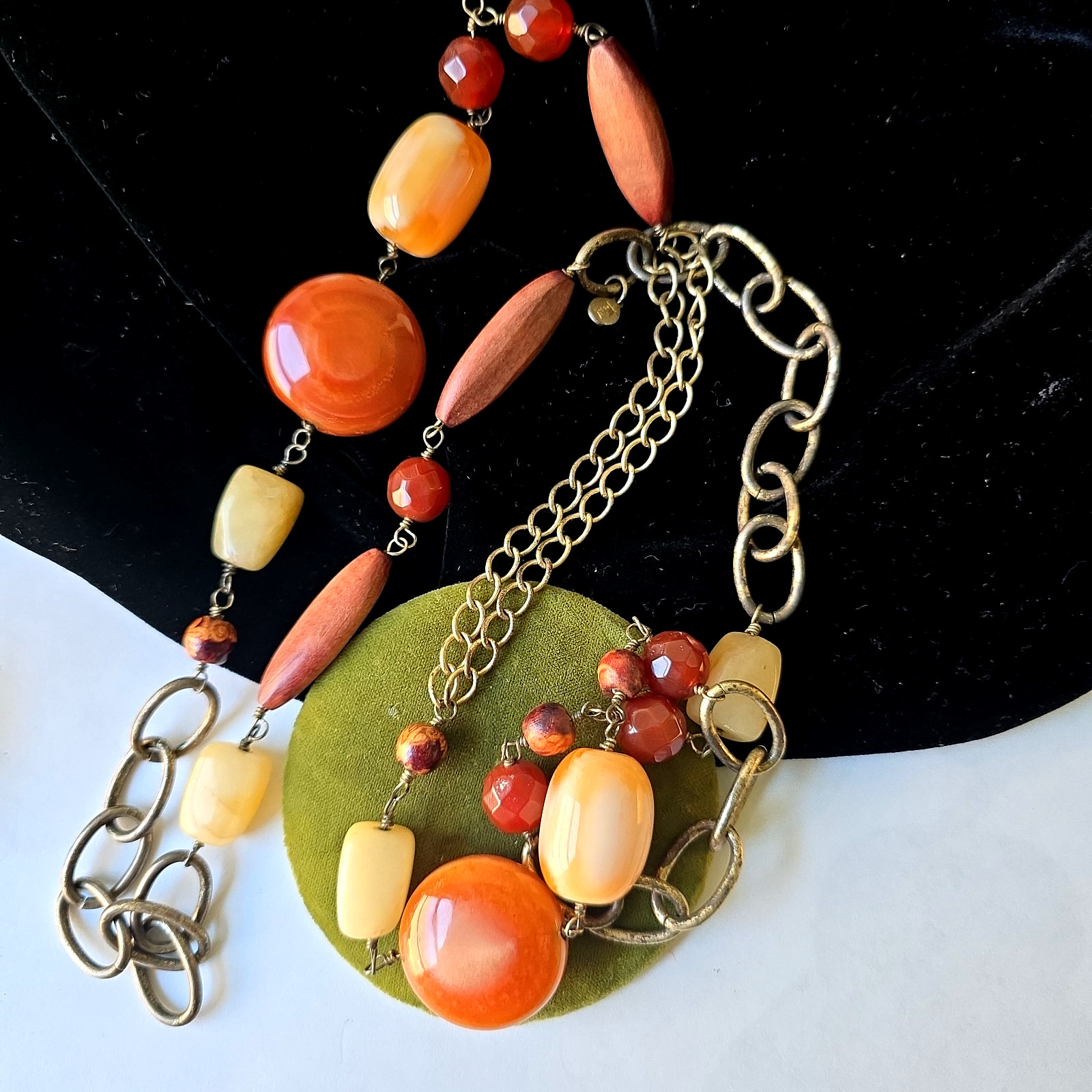 Y2K Fossil Boho Acrylic Carnelian Stone Mix Beads Chain Necklace Pull On 38″L