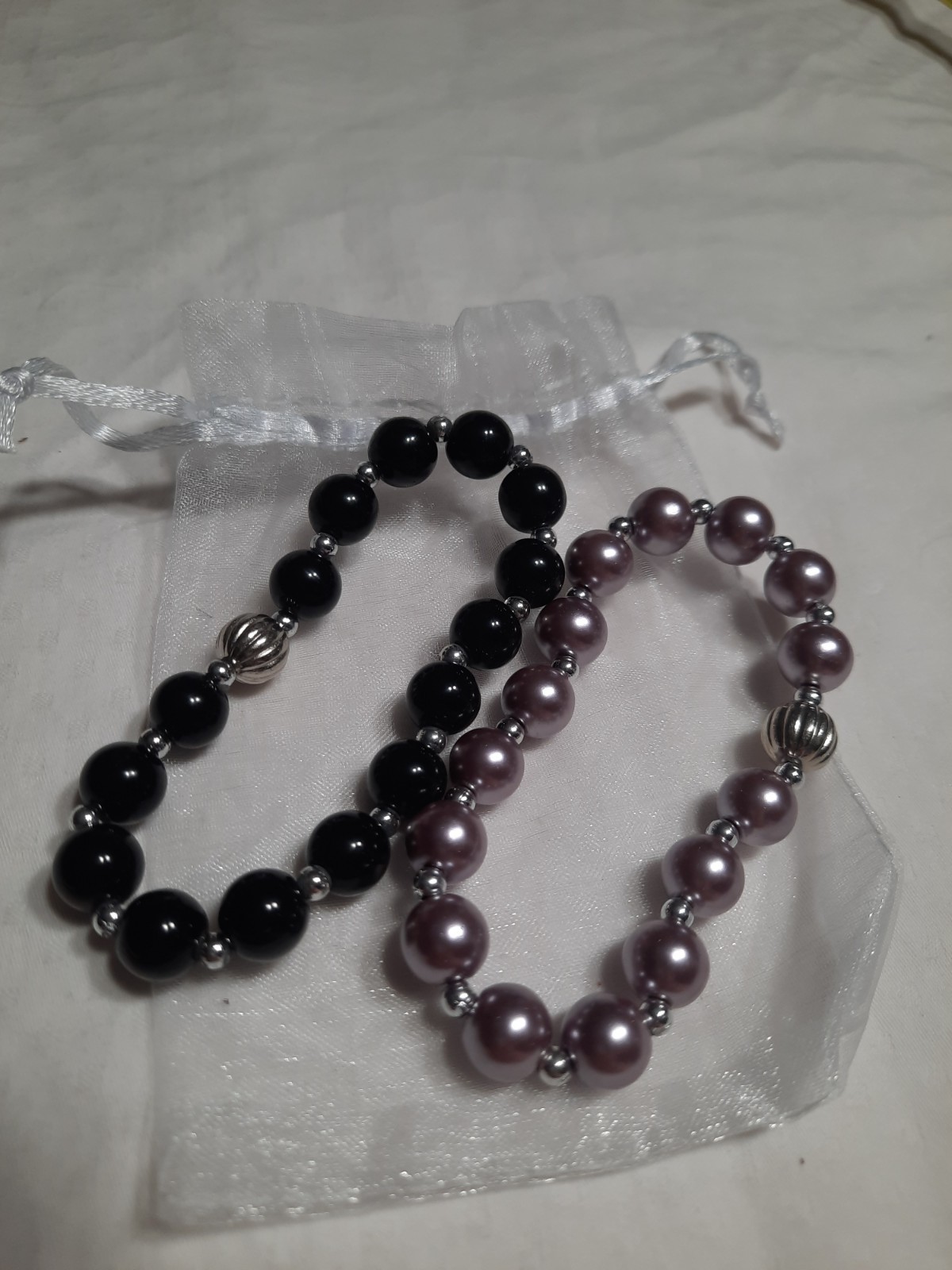 2 Beautifu Beadl Bracelets – black And Silver And Lavender And Silver. Unbranded