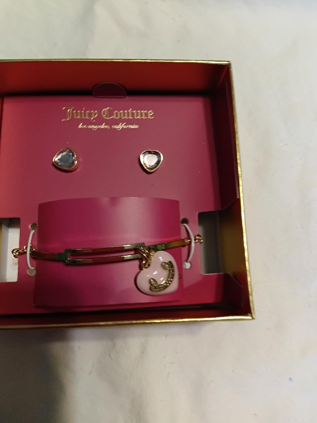 NWT/Box Juicy Couture Jewelry Set Charm Bracelet & Earrings Pink Puffy Heart
