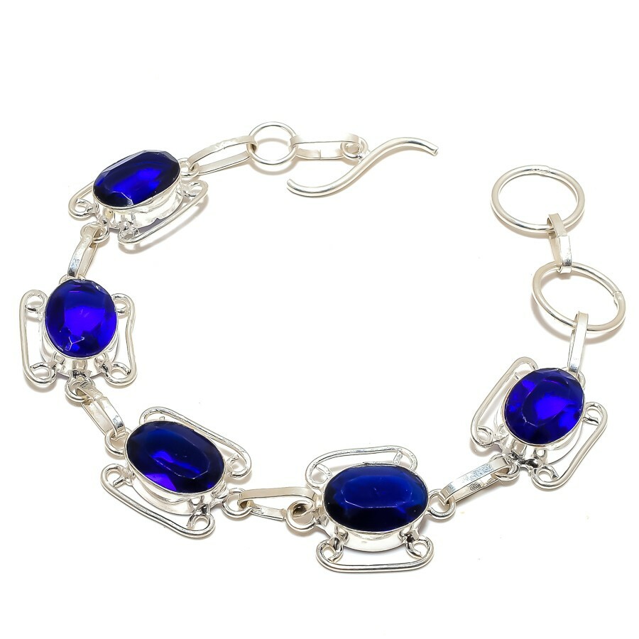 Blue Sapphire Gemstone Handmade Ethnic Silver Jewelry Bracelet 7-8″
