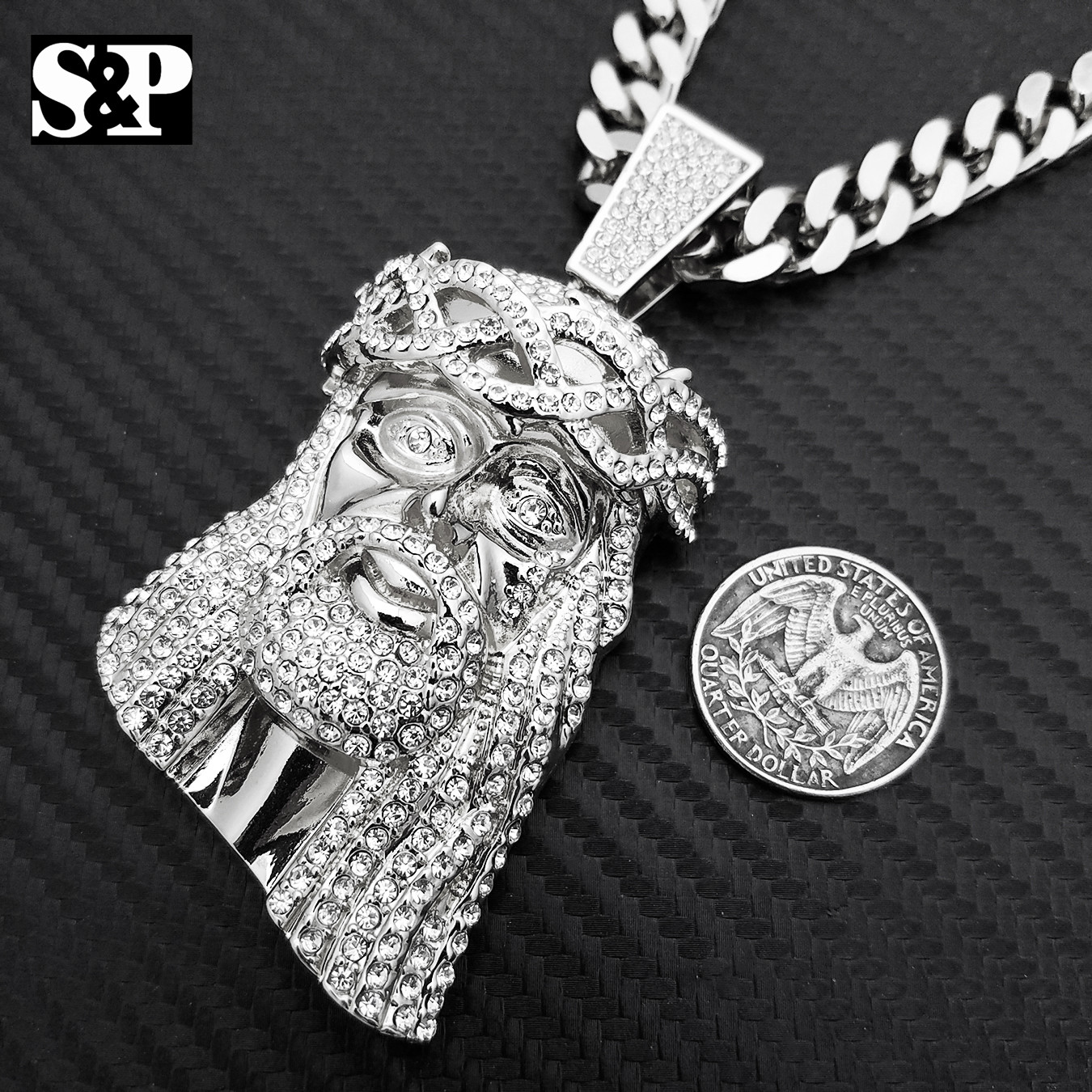 HIP HOP SILVER PT ICED JUMBO JESUS CZ PENDANT & 10mm 30″ CUBAN CHAIN NECKLACE
