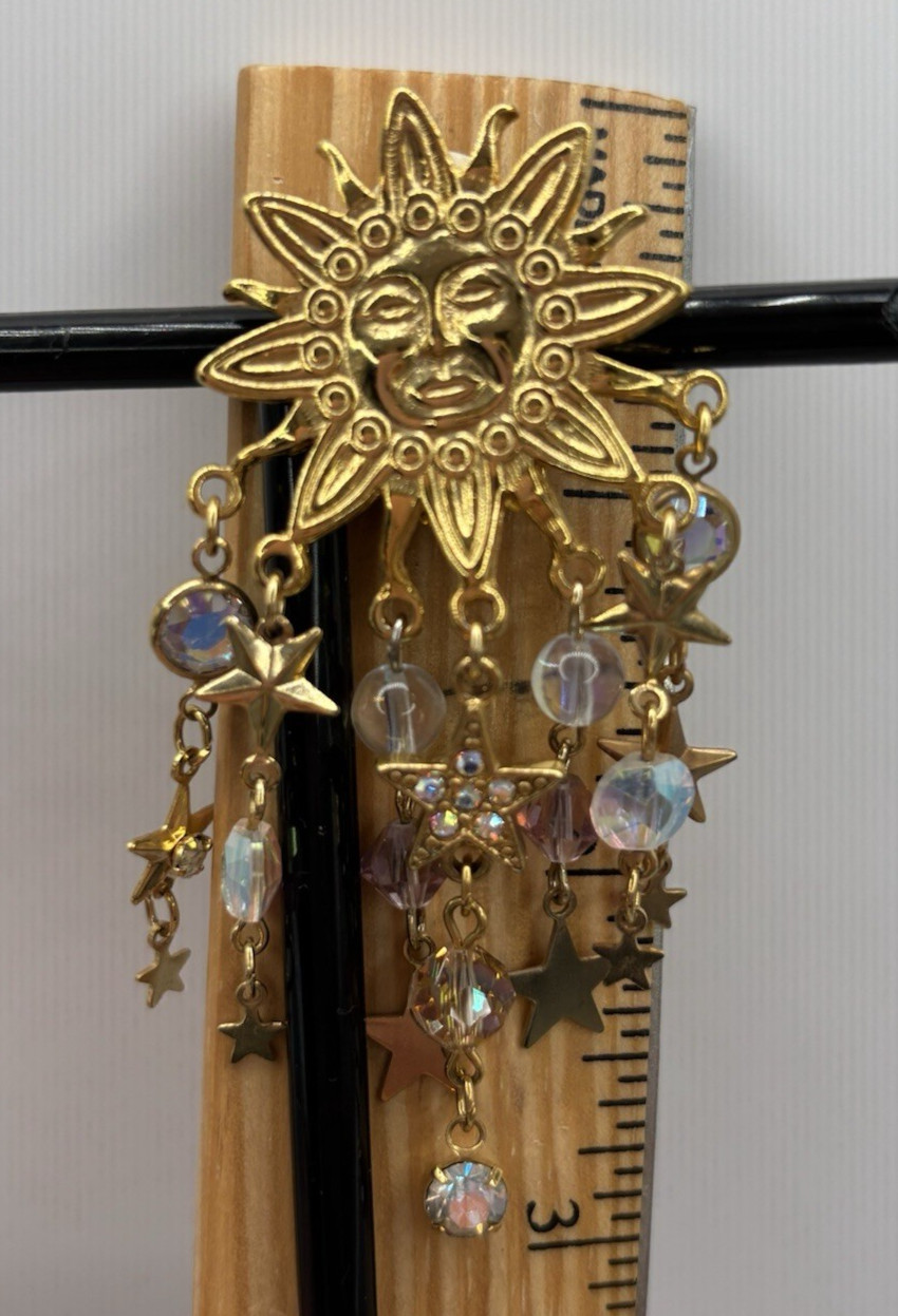 Kirks Folly Clip-On Celestial Sun Stars Vintage Dangle Gold Tone Earrings 3″