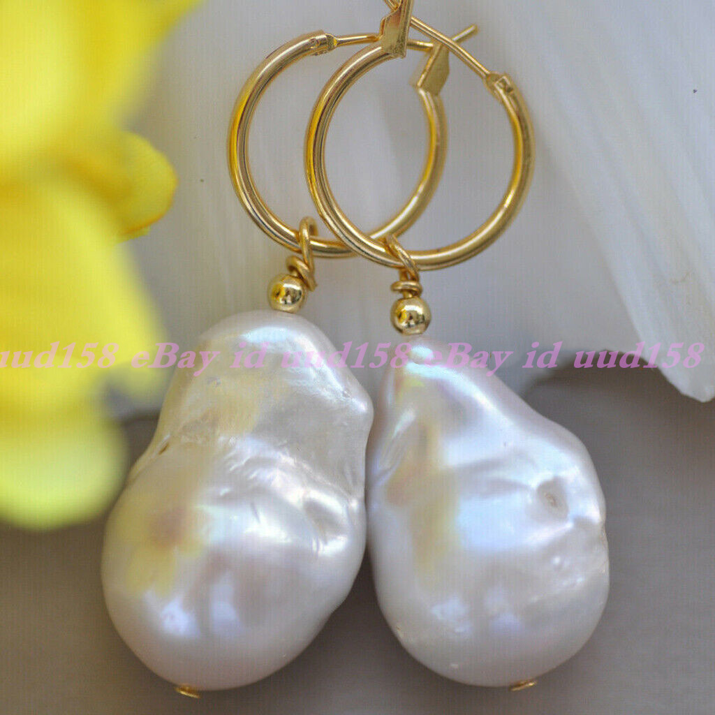 Huge 15-20mm White Natural Keshi Baroque Pearl Dangle Leverback Earring