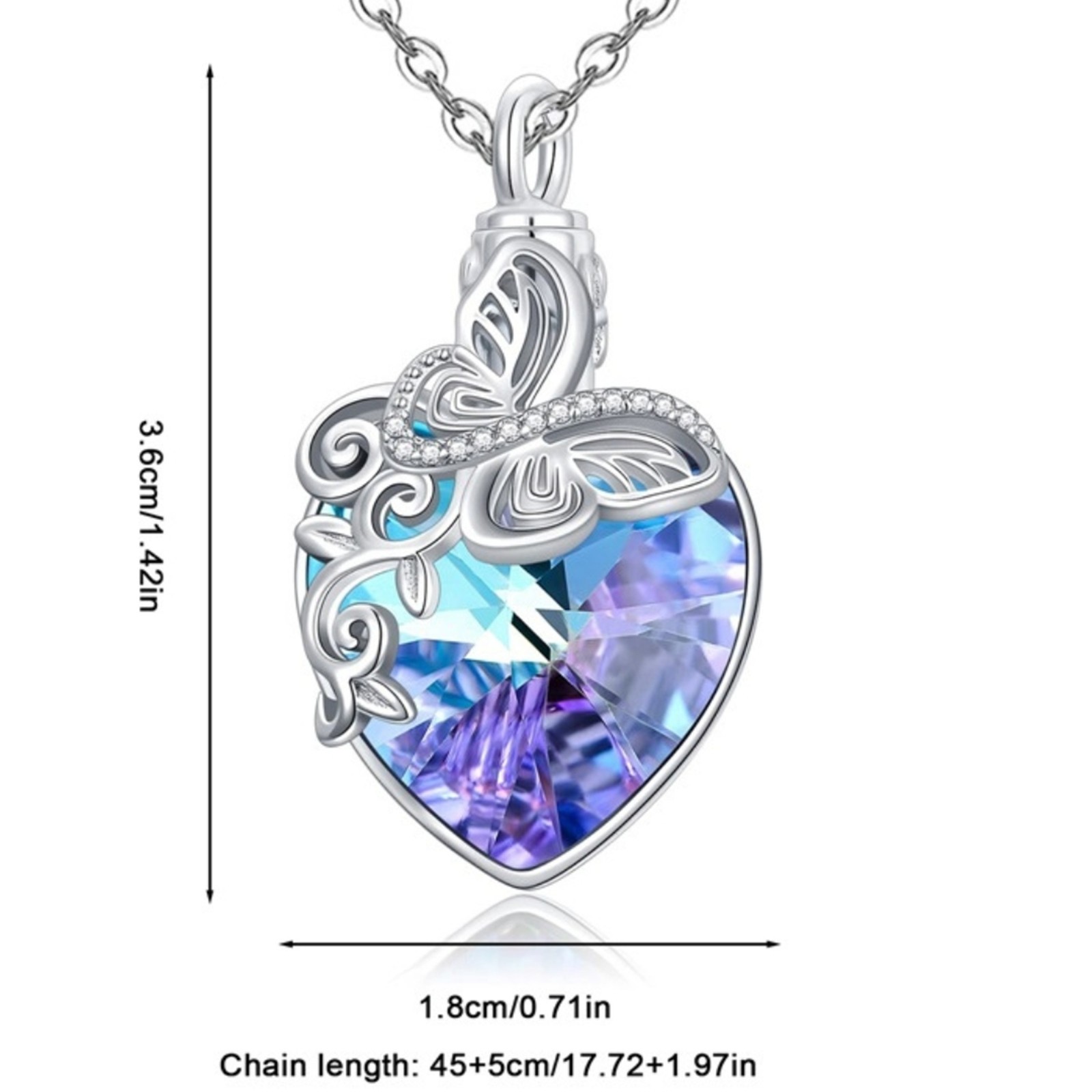 Butterfly Urn Necklace for Ashes – Crystal Heart Memorial Cremation Jewellry B87