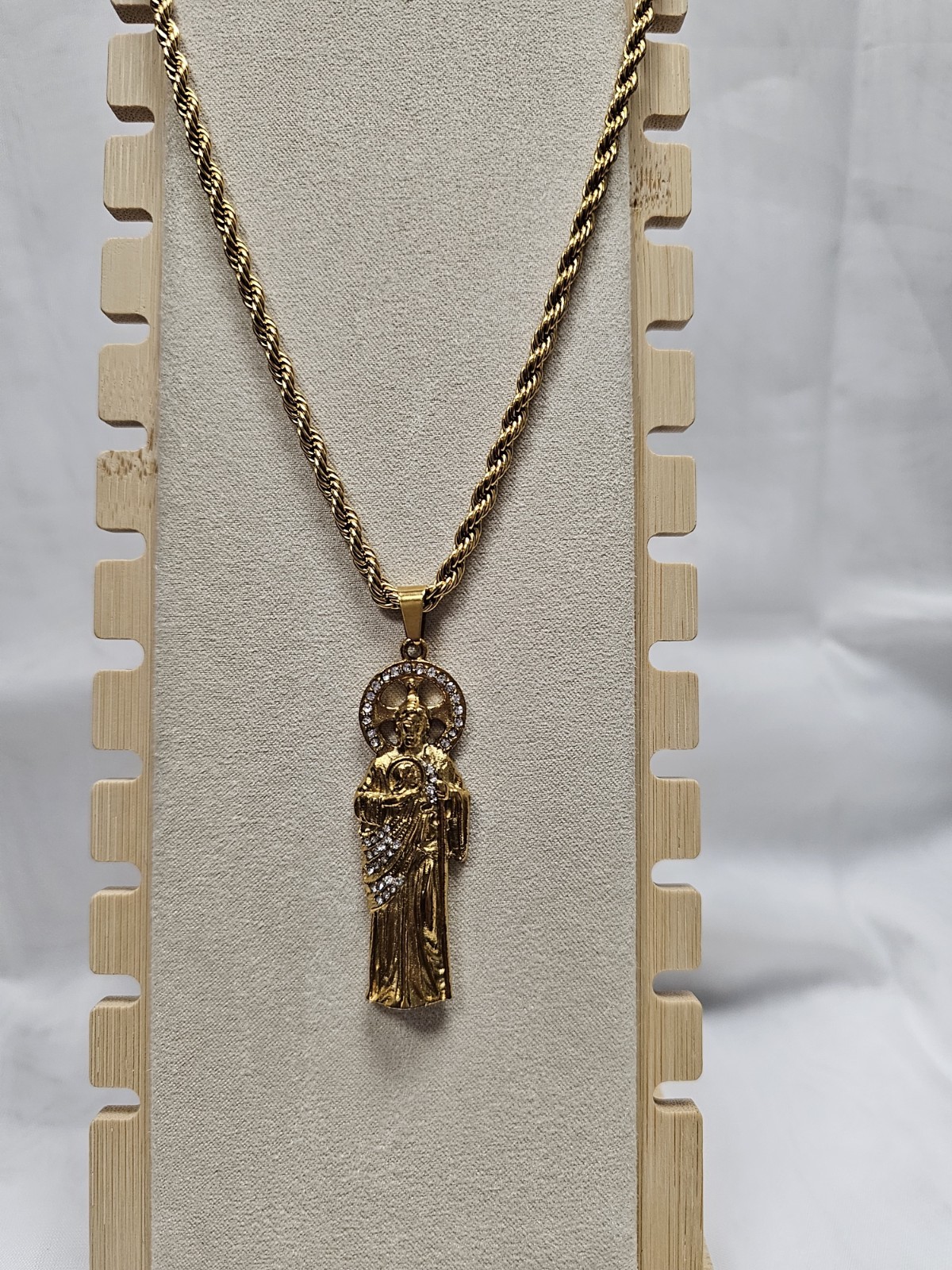 Gold Tone Religious Saint Charm Pendant Necklace Rope Chain Clear Rhinestone