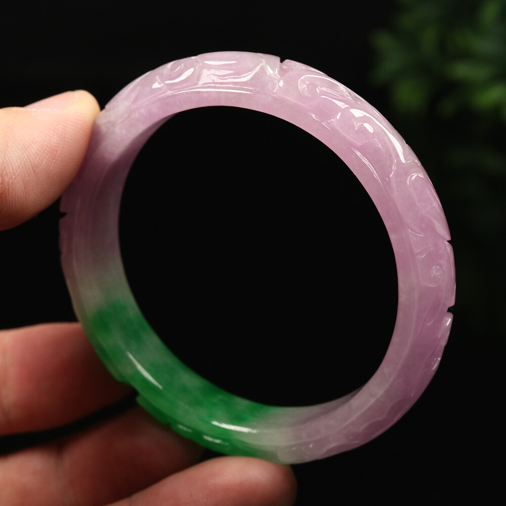 55mm Lavender Purple Green Jadeite Jade Bracelet Bangle Ruyi Flower A-11675