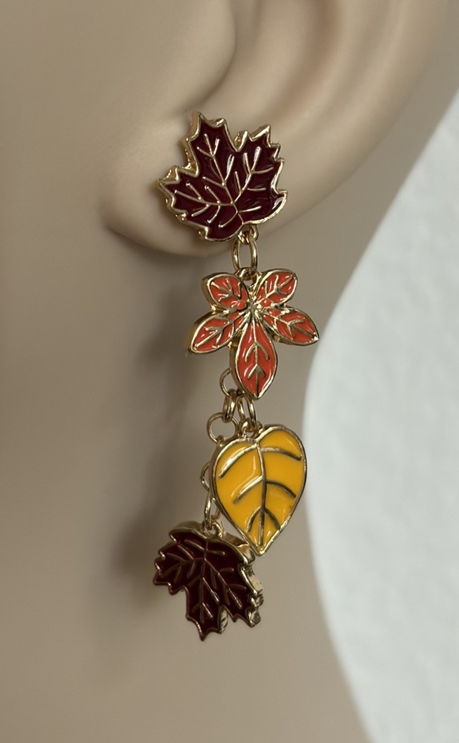 Autumn Fall Leaves Dangle Earrings Gold Tone Multicolor Enamel Leaf