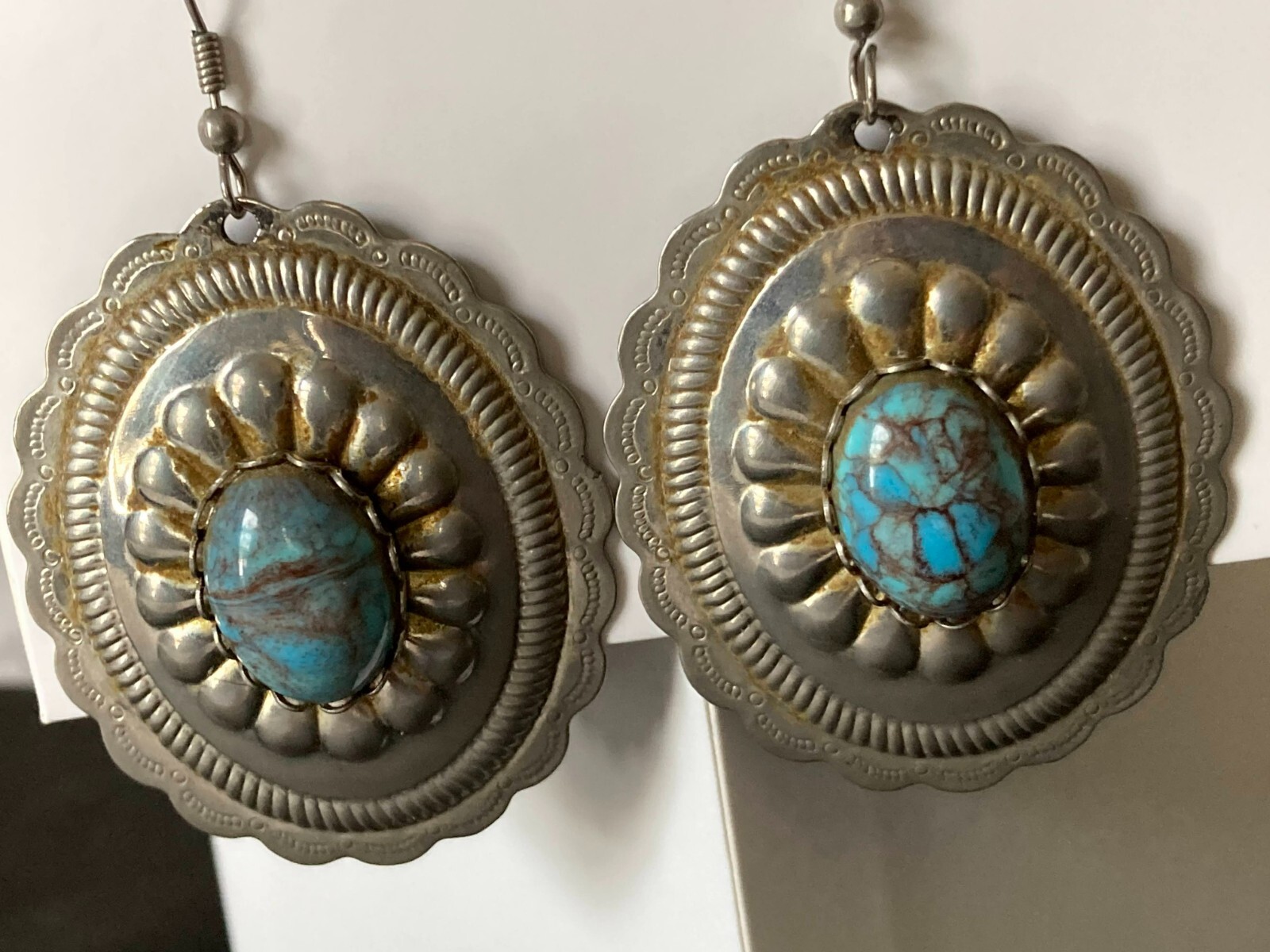 Earrings Native Inspired Stamped Tin and Turquoise Glass Cabochons 2″ Hooks