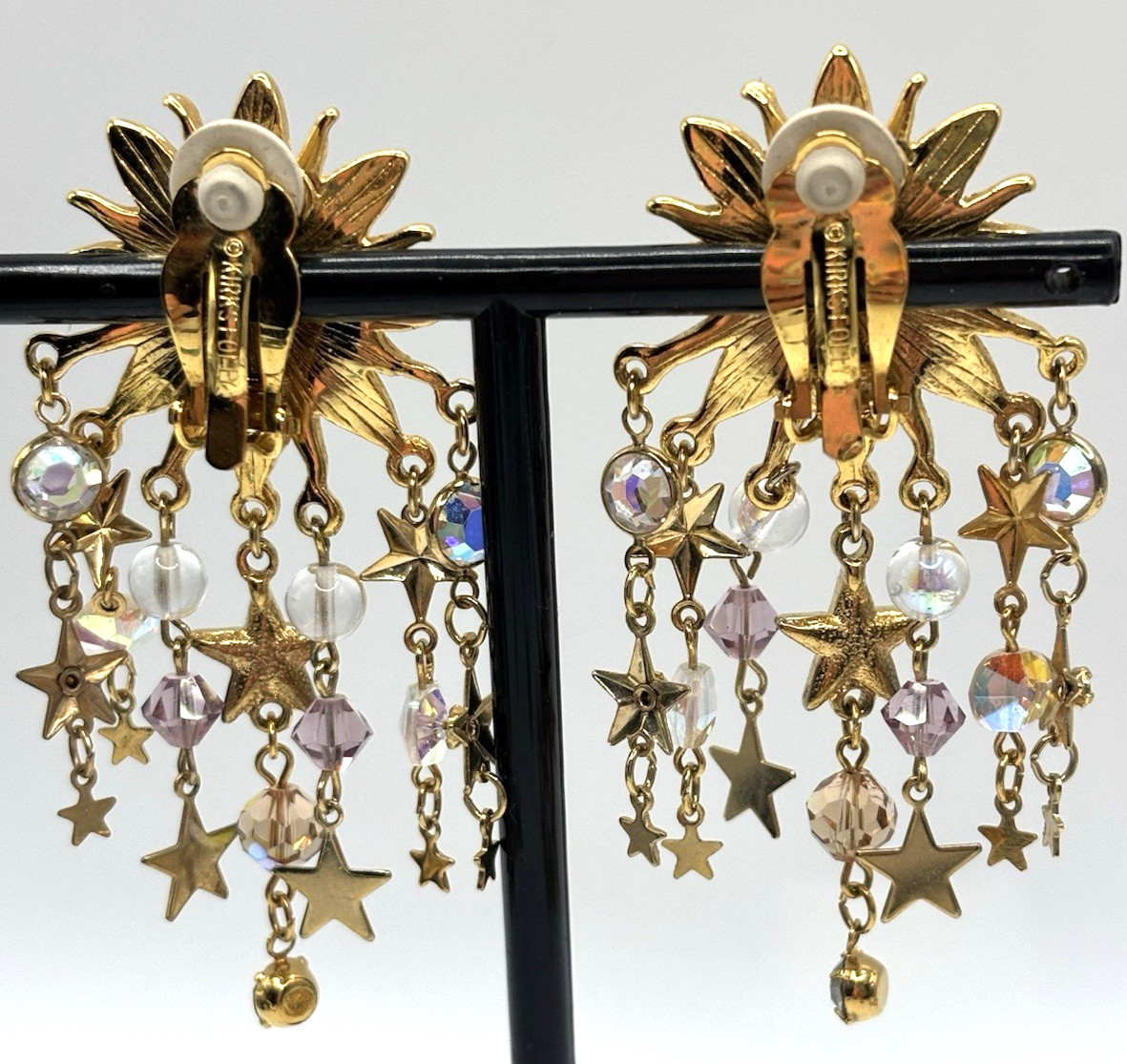 Kirks Folly Clip-On Celestial Sun Stars Vintage Dangle Gold Tone Earrings 3″