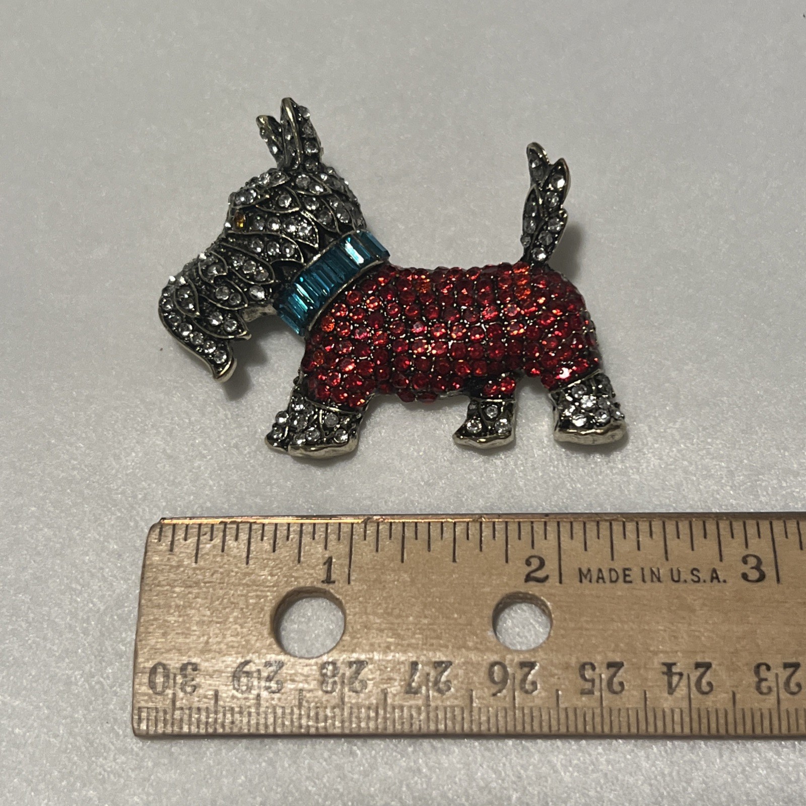 Scottie Terrier Dog Brooch 2.5″ Red Rhinestone Blue Collar