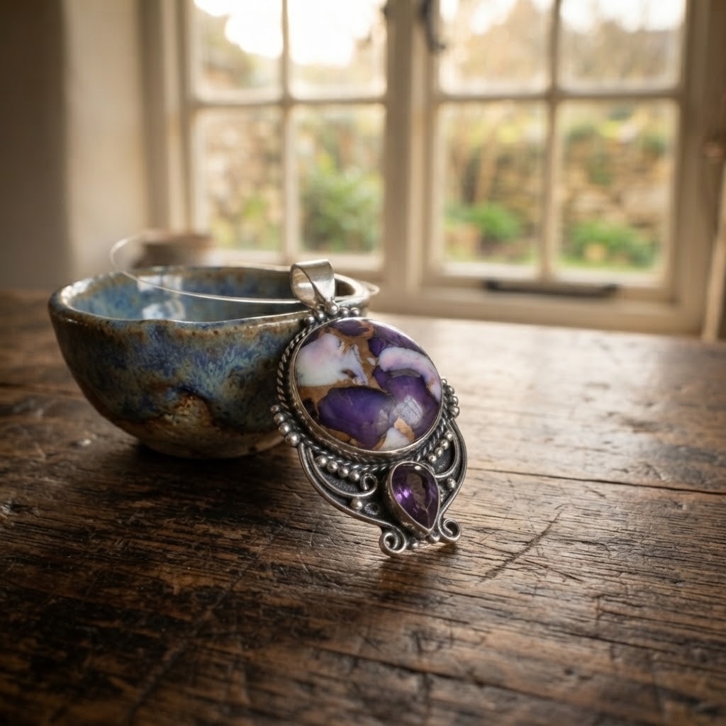 925 Sterling Silver Purple Copper Turquoise & Amethyst Pendant Handmade