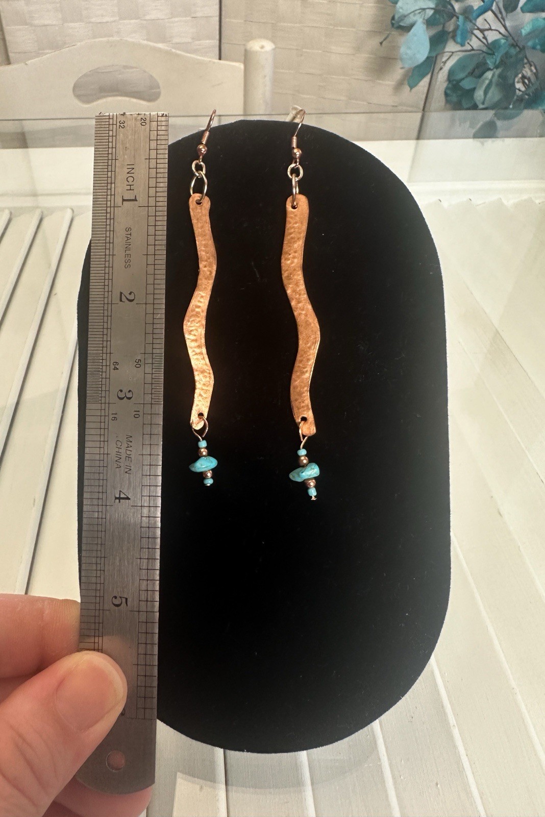 Handcrafted Copper Wavy Bar Dangle Earrings w/ Blue Turquoise Bead Drops