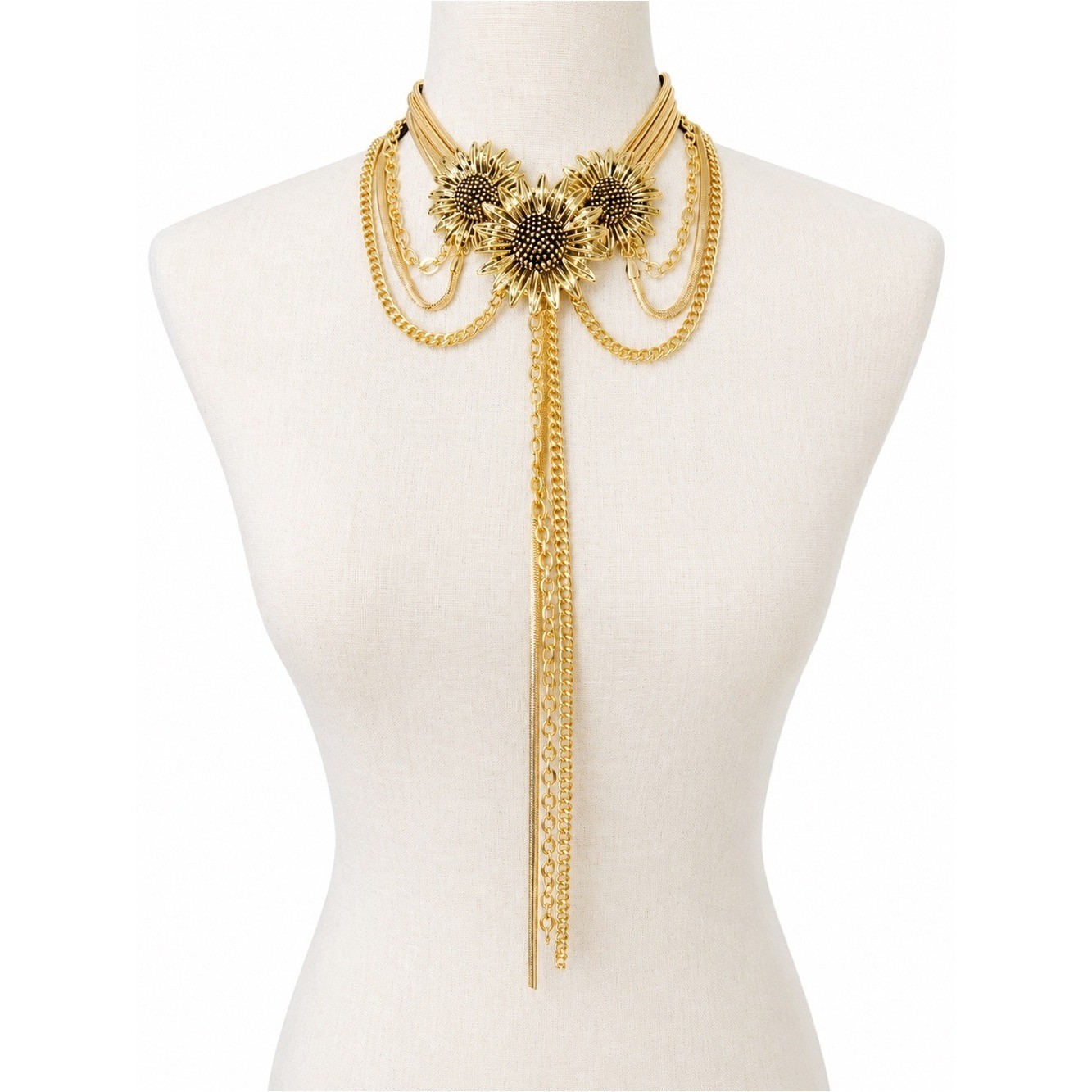 Heavyweight Sunflower Statement Necklace Gold Tone Multi-Strand Tassel Choker