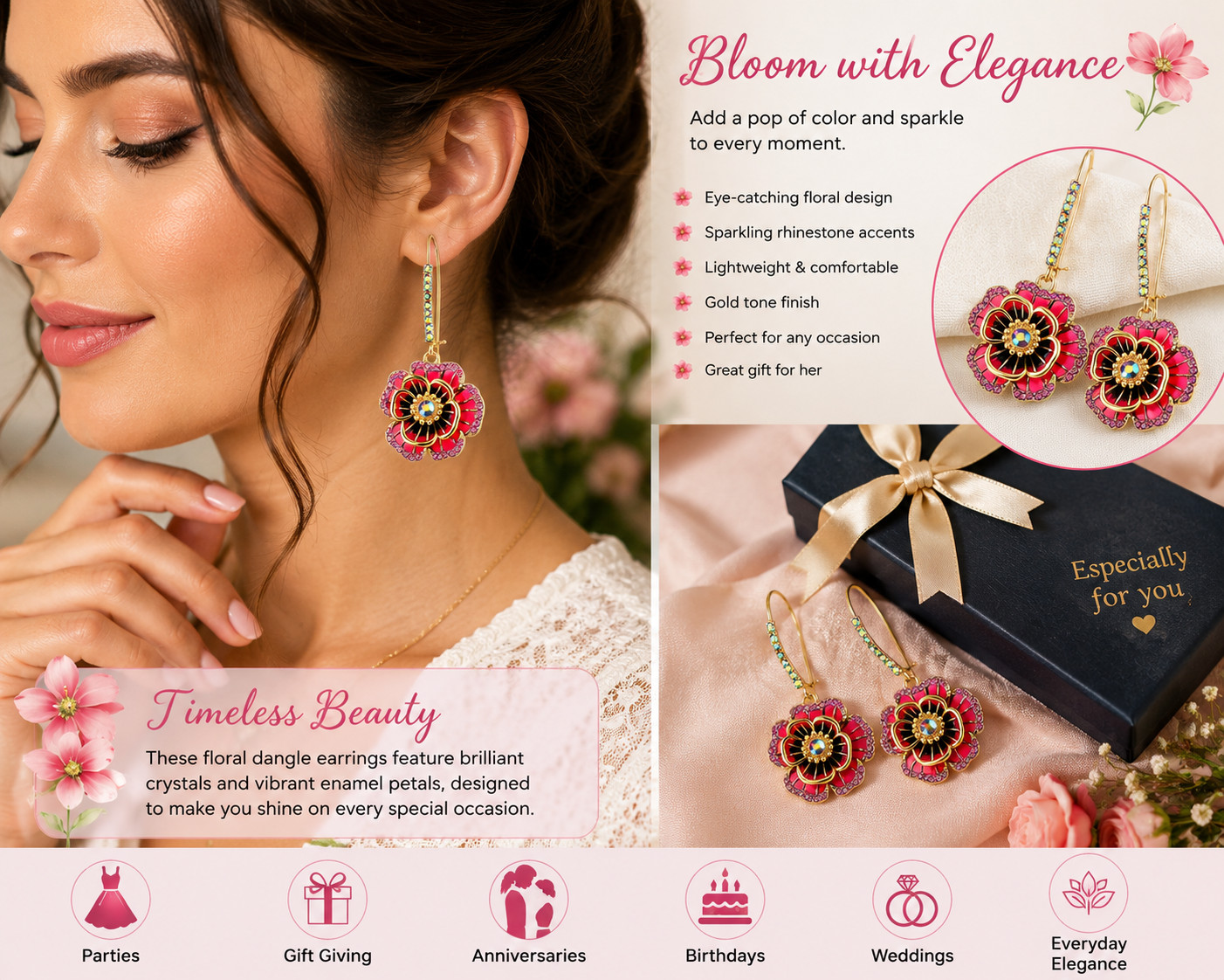 Floral Drop Earrings Women Gold Tone Crystal Rose Flower Hook Statement Boho