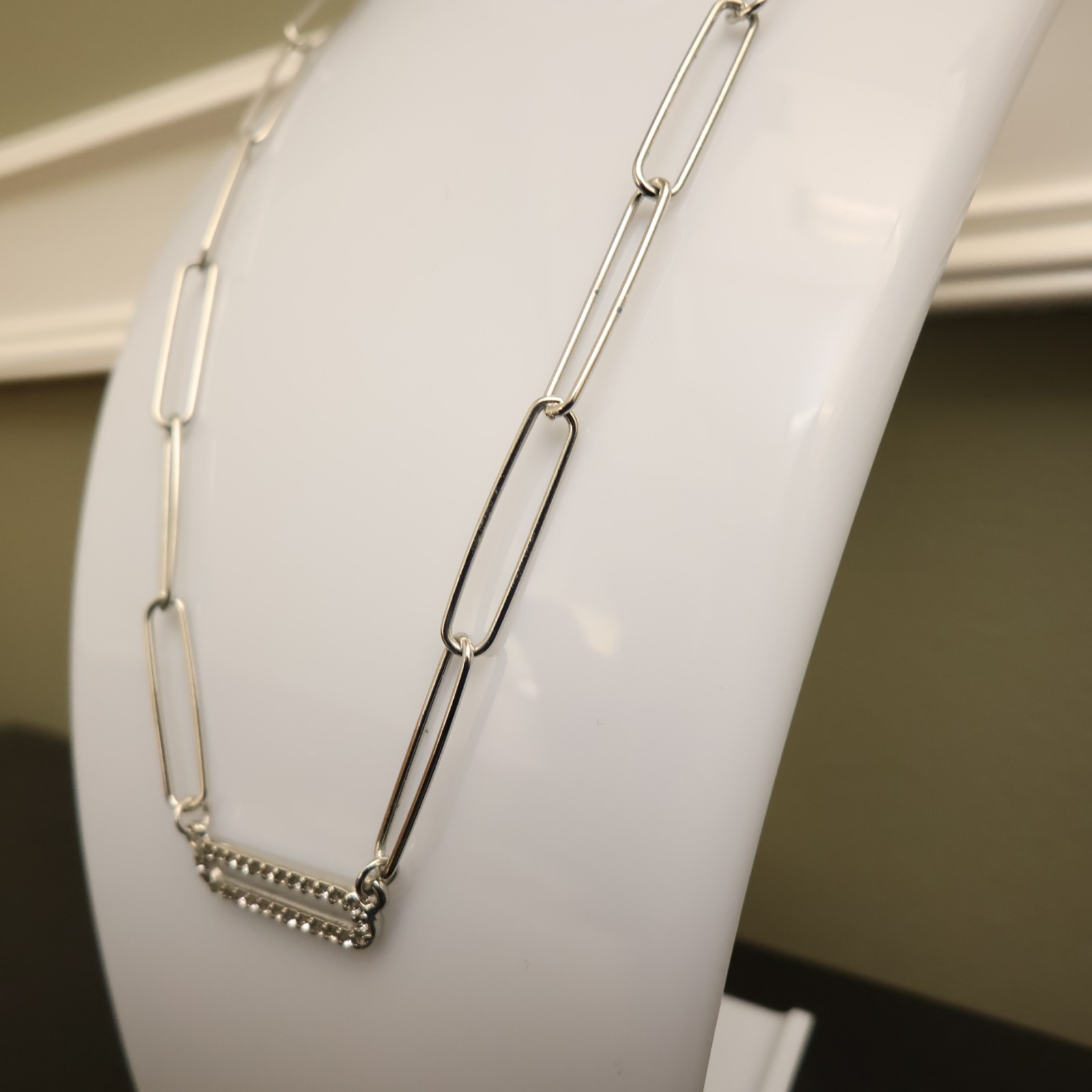 Marlyn Schiff necklace paperclip chain silvertone w crystals signed nickel free