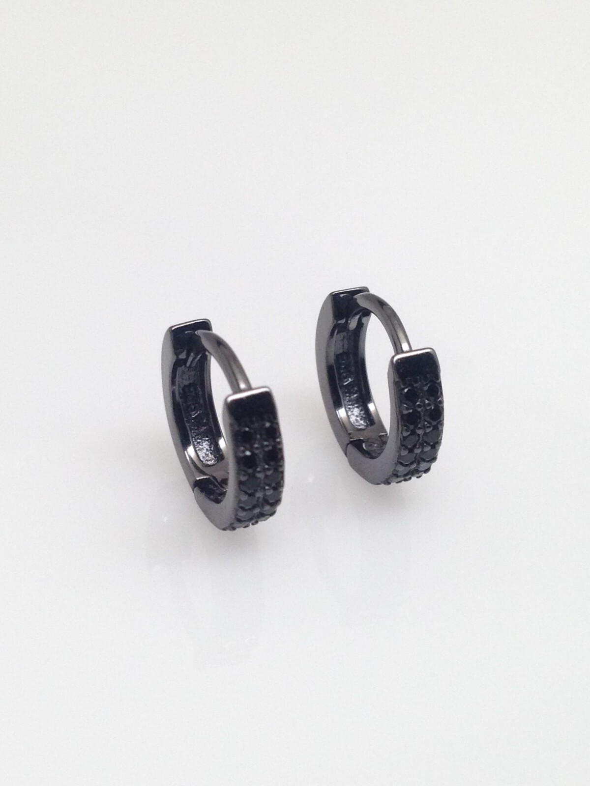 925 Sterling Silver Cz Black Onyx Huggie Hoop Earrings Mens Women 10mm x 2.2mm