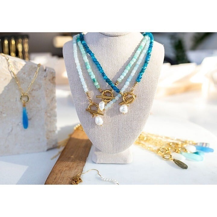 Beaded Amazonite Necklace w/ Removable Pearl and Gold Toggle Clasp Non-Tarnish