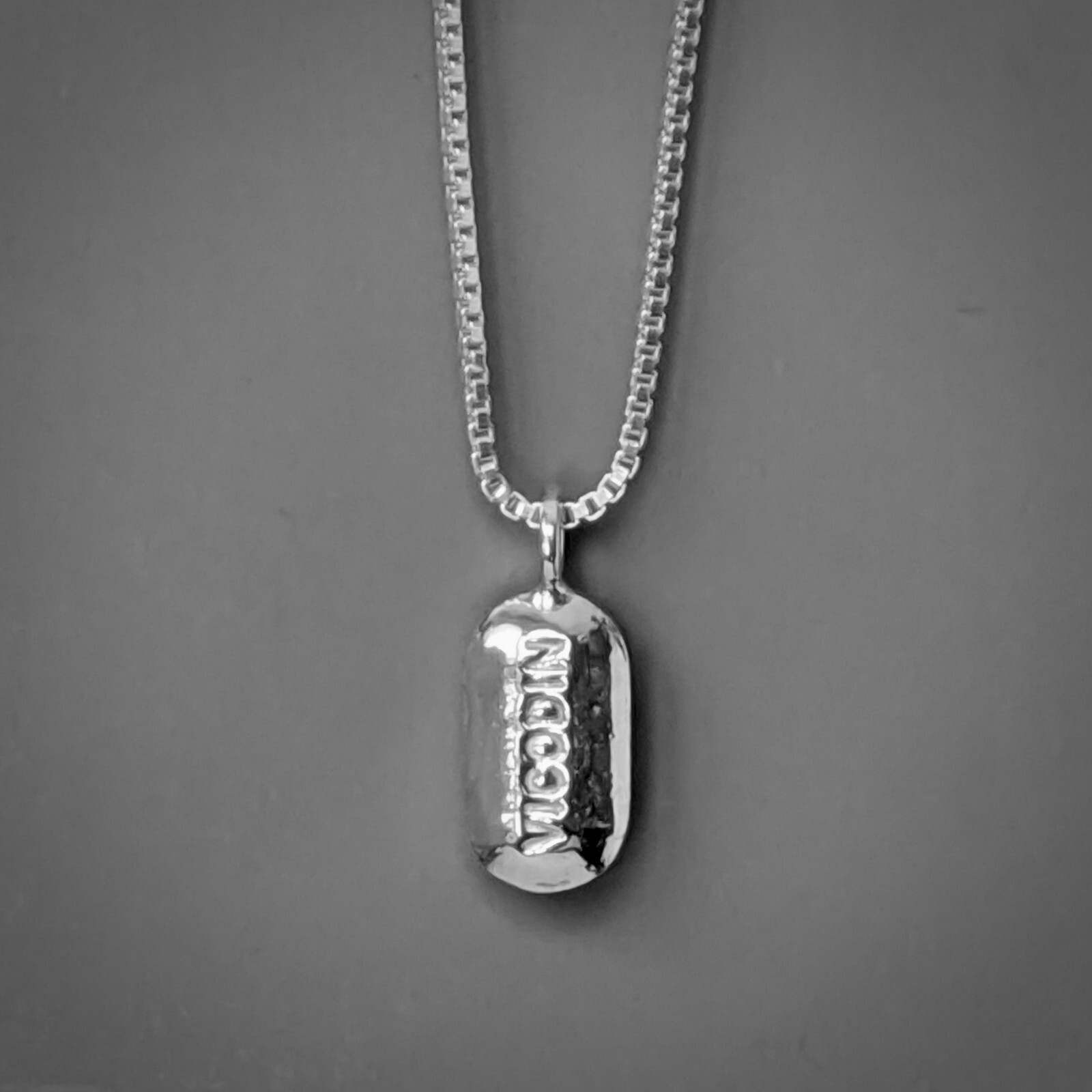 Vicodin Necklace Pendant – Sterling Silver – Authentic Pill – PillBling