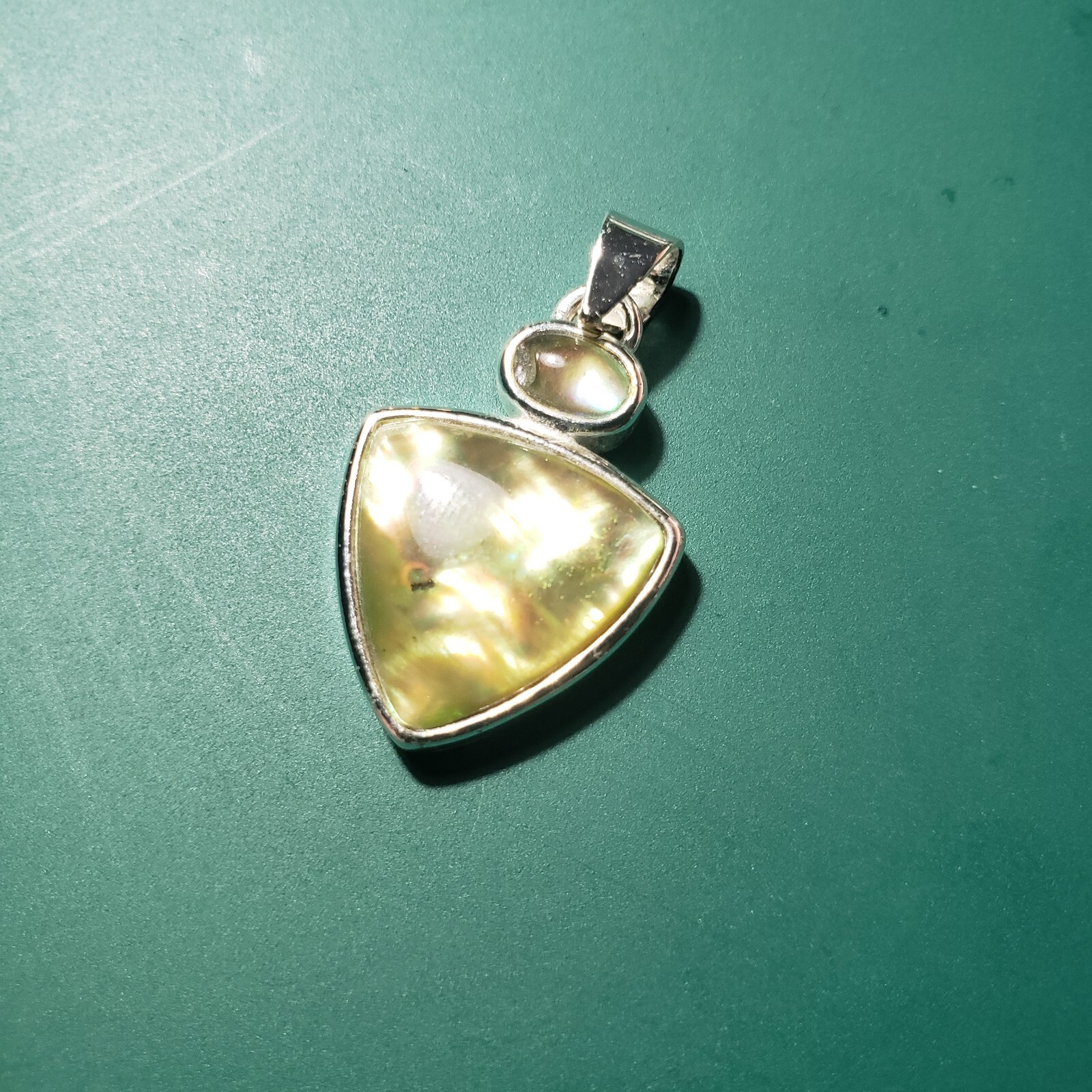 Natural Ammolite Pendant Silver Tone Teardrop Shield 1″