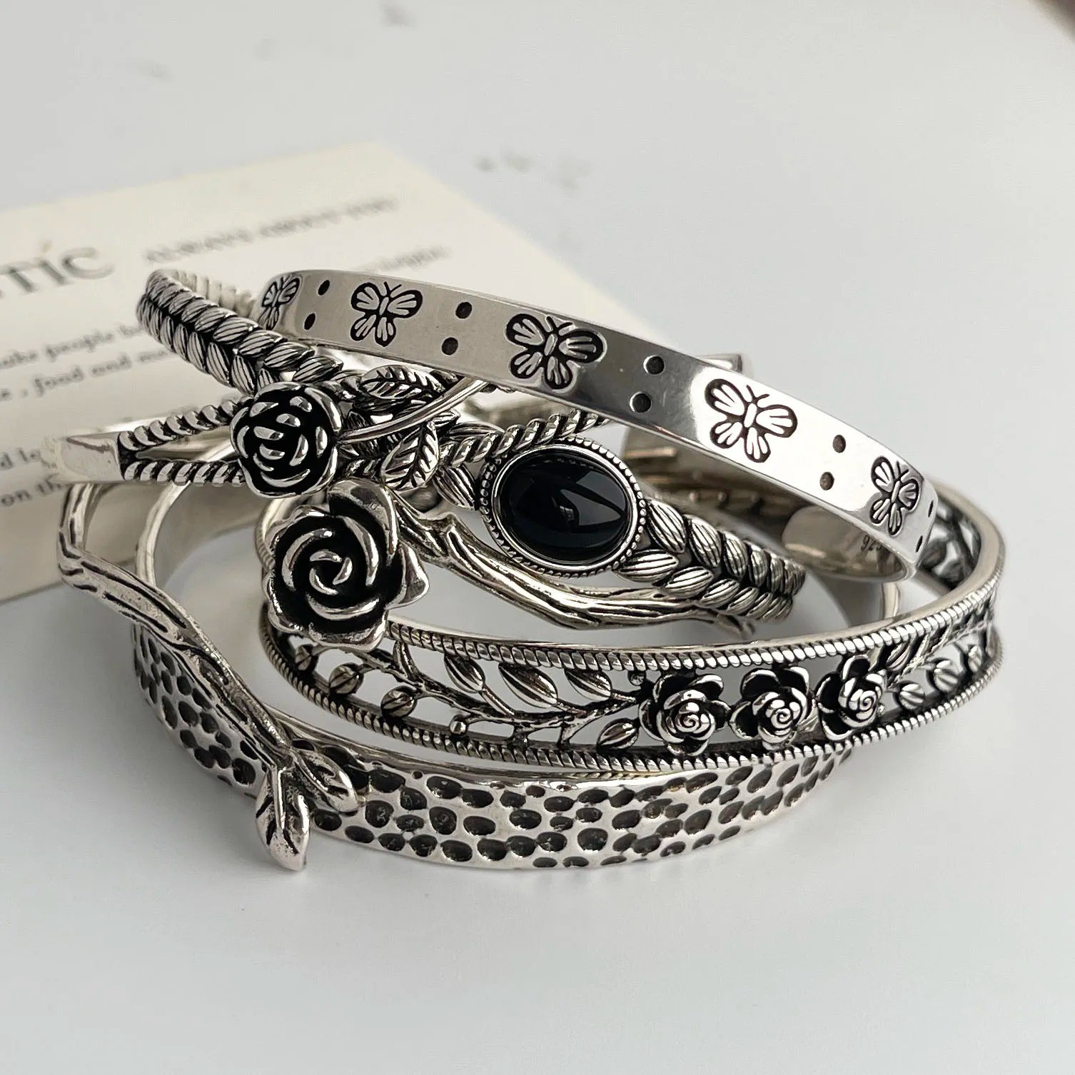 Vintage Flower Retro Rose Cuff Bangle 925 Sterling Silver Women Jewelry Bracelet
