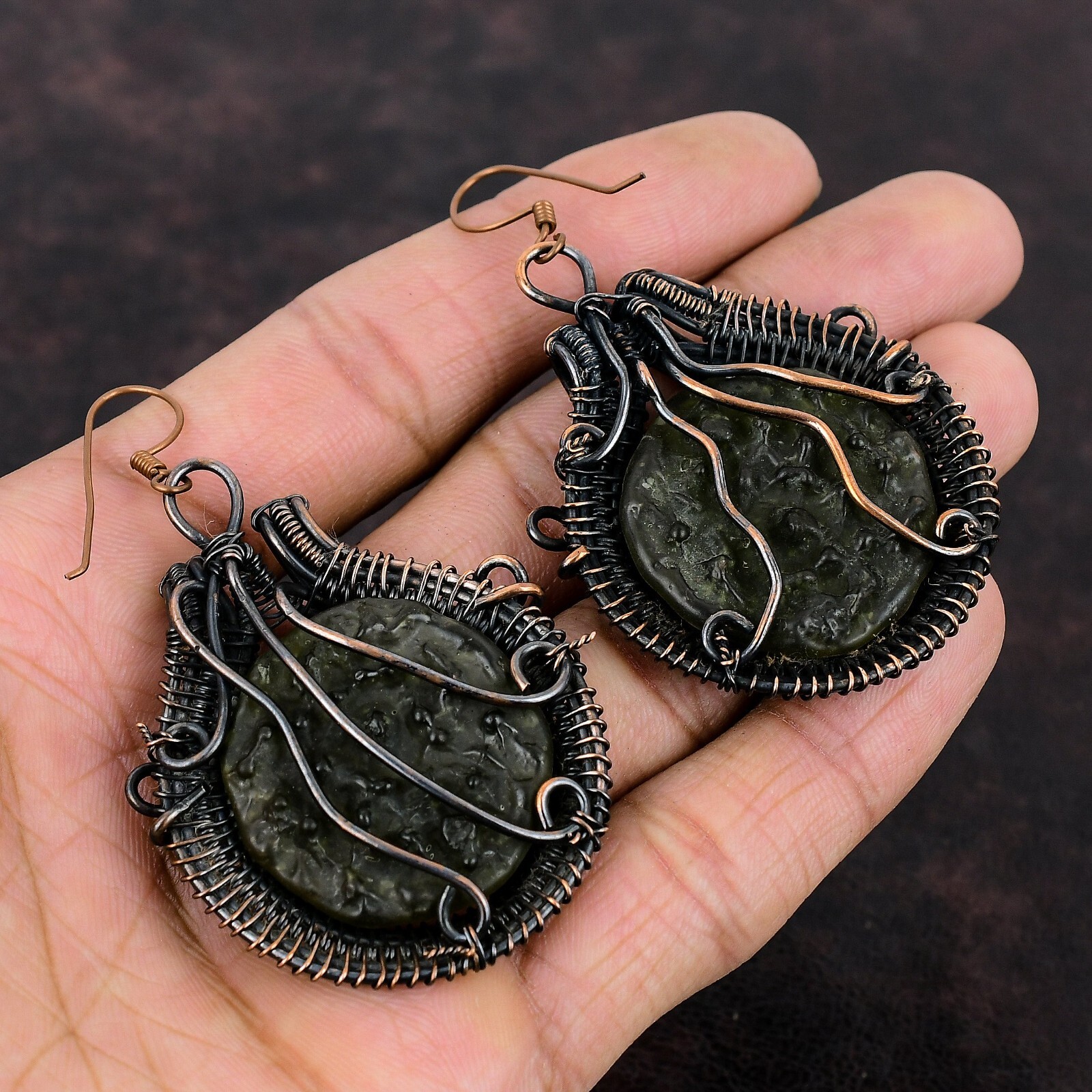 Moldavite Jewelry Copper Mother Gift Wire Wrapped Drop/Dangle Earrings 2.87″
