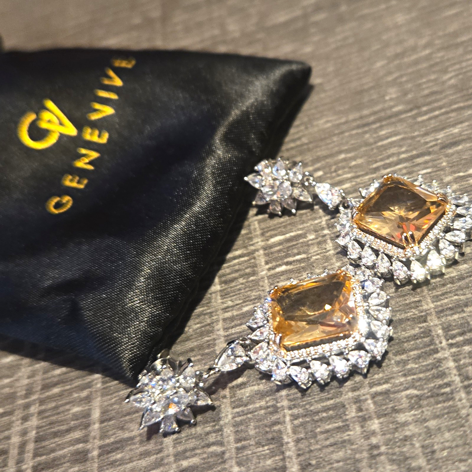 Genevive Silver Tone Yellow Crystal Halo Drop Dangle Earrings Butterfly Back 925