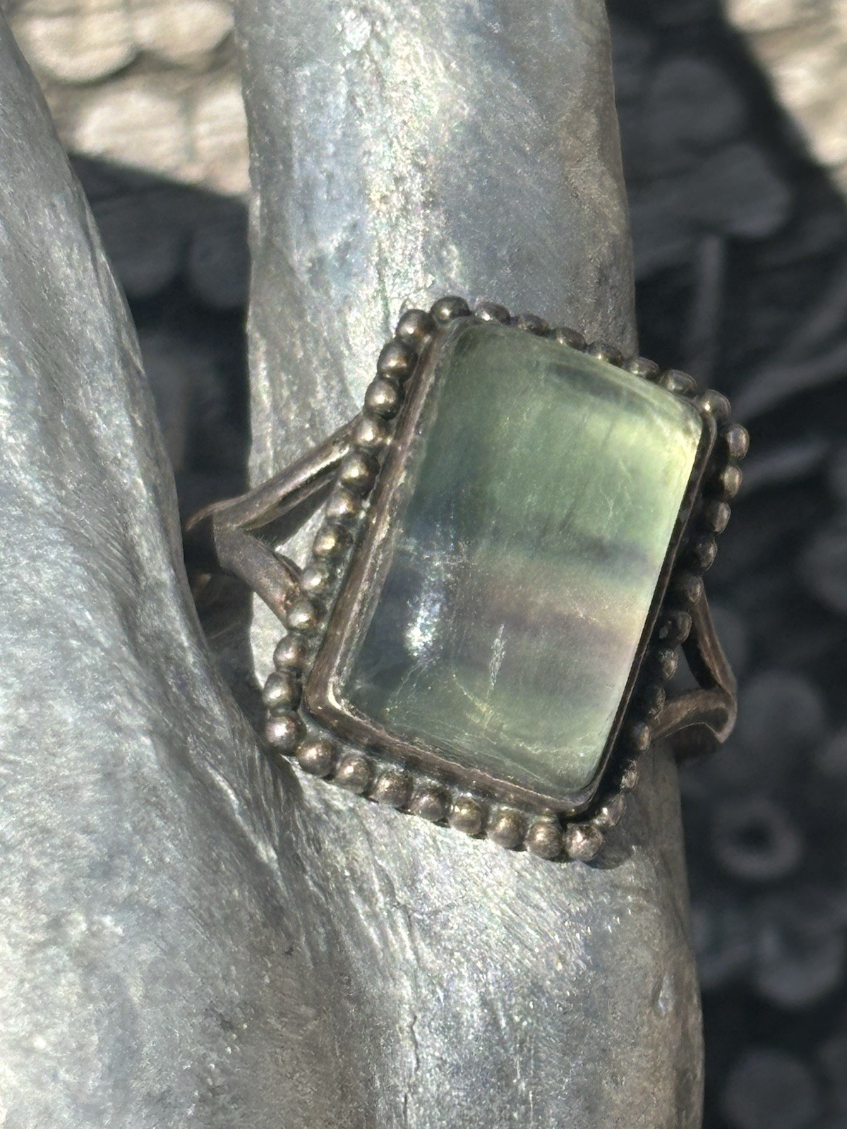 Handmade sterling silver bezel set rectangular fluorite gemstone ring size 10