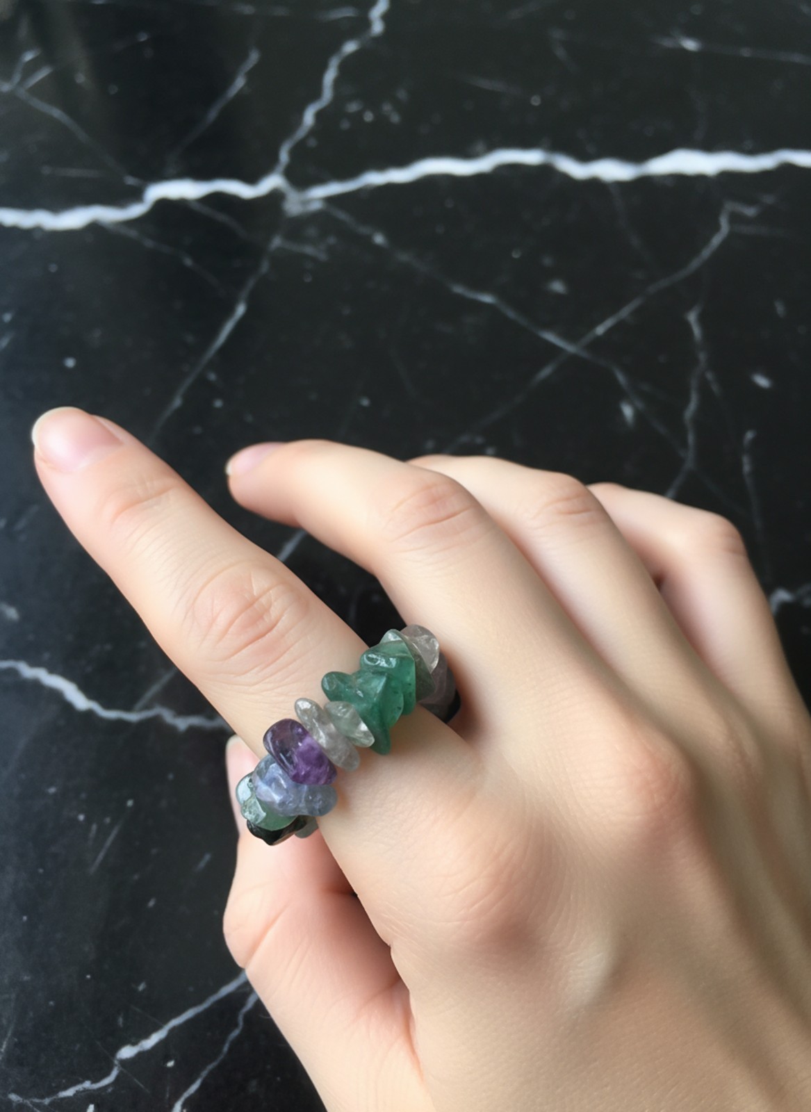Mix Gemstone Beaded Ring Handmade Adjustable Elastic Jewelry Ring Gift