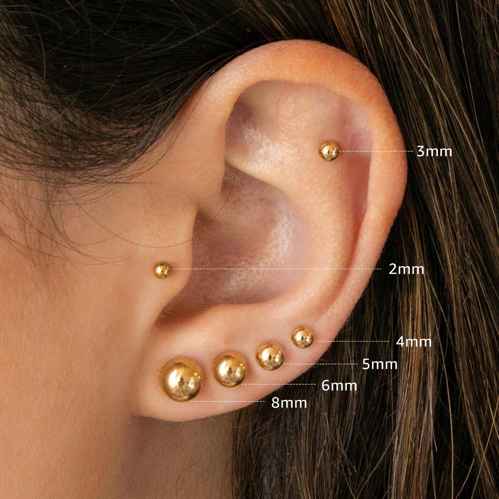Yoosteel 6 Pairs 2mm, 3mm, 4mm, 5mm, 6mm, 8mm, Ball-14K-Gold-Plated