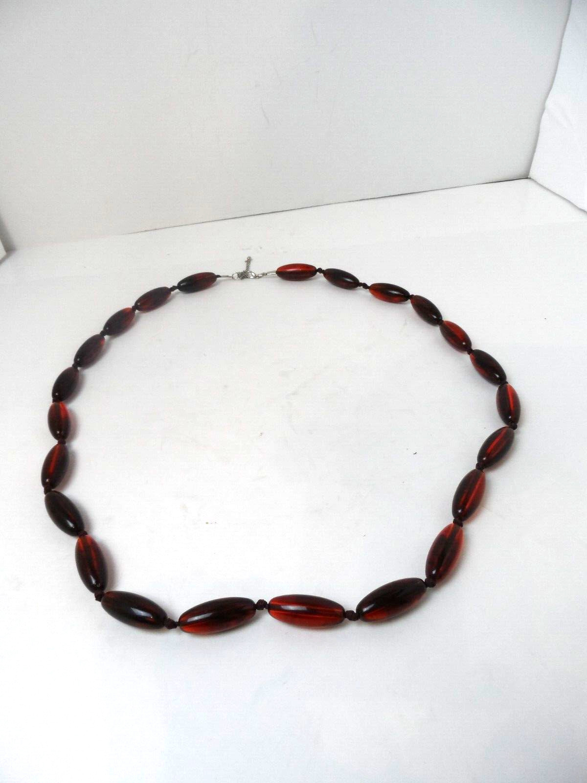 Amber Color Acrylic Glass Like Necklace Silver Metal Hardware 19″ Long