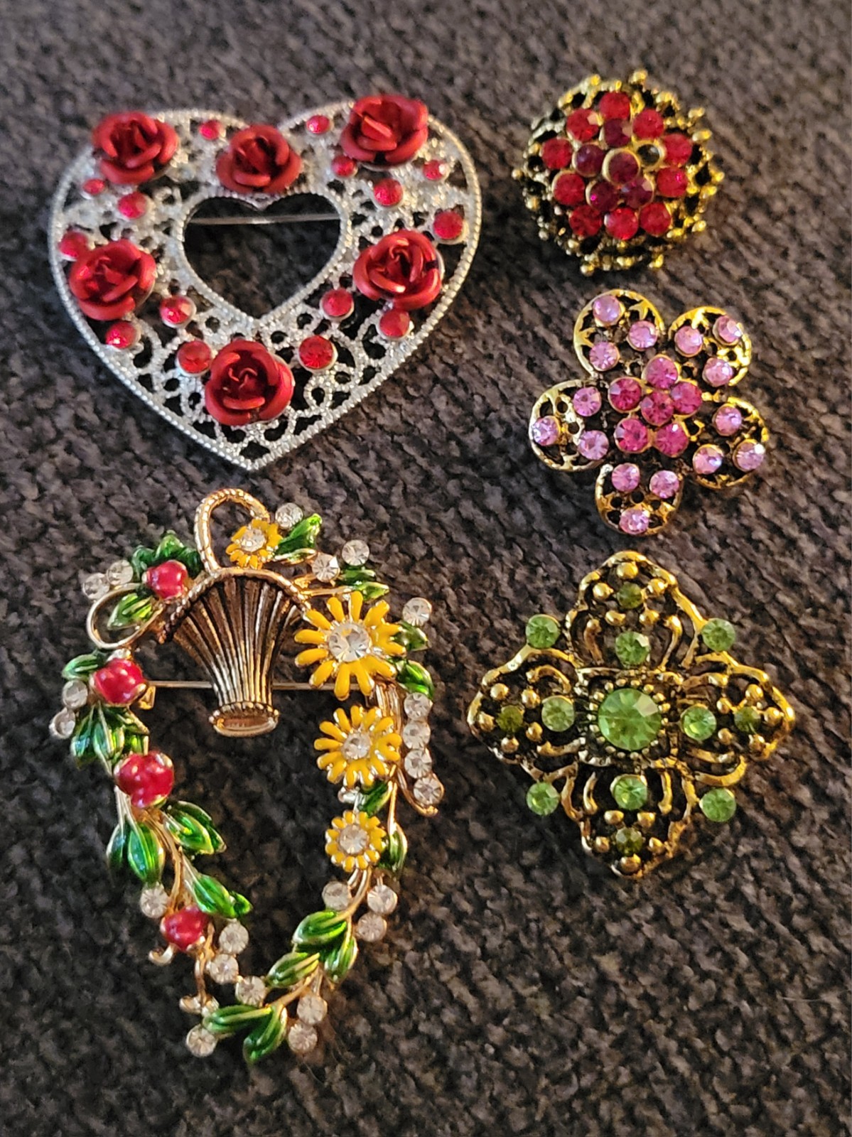 Multicolor Rhinestone Flower Heart Brooch Lot All Occasion Jewelry Lot CA E207