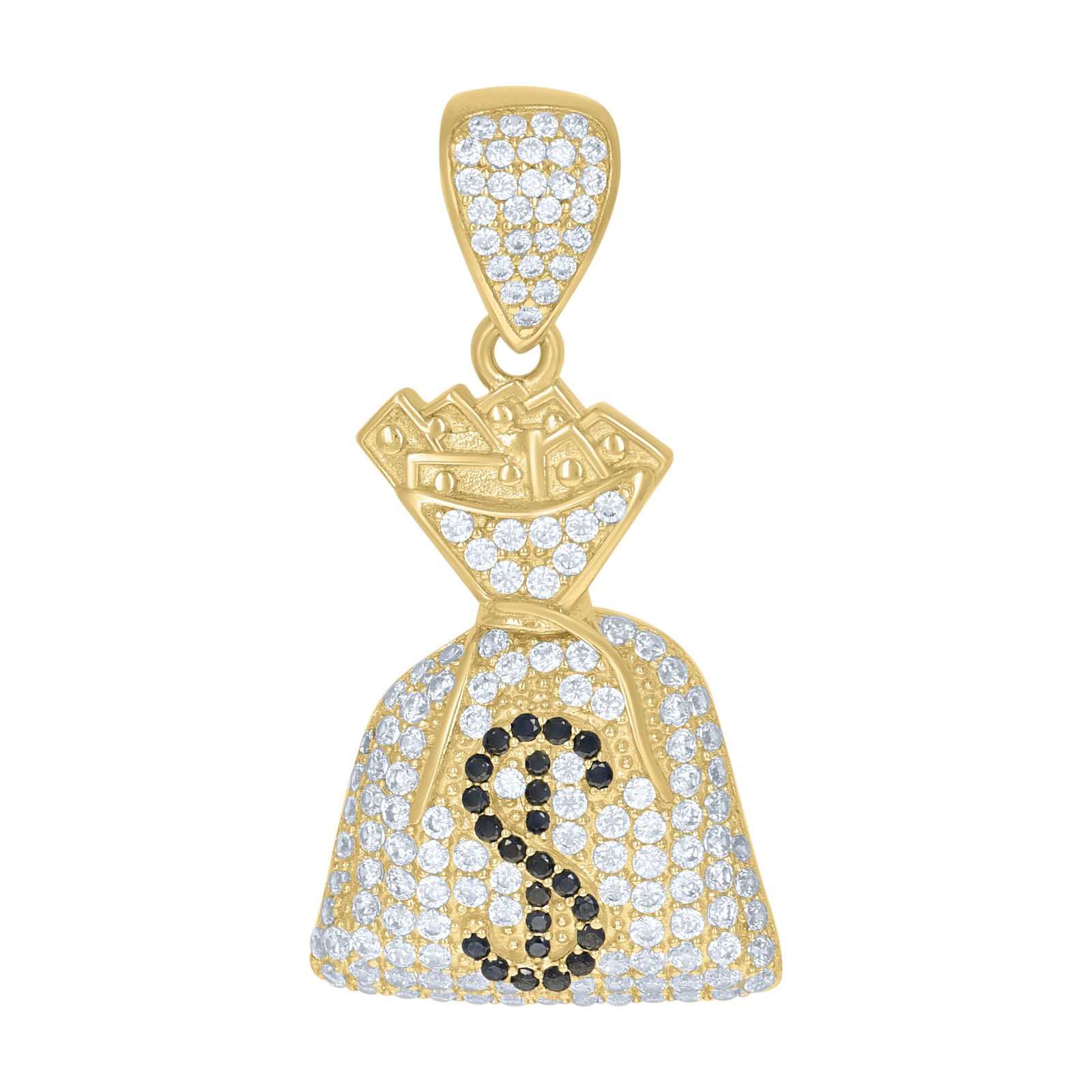 10K Yellow Gold Round CZ Men’s 1.45″ Charm Black Dollar Sign Money Bag Pendant