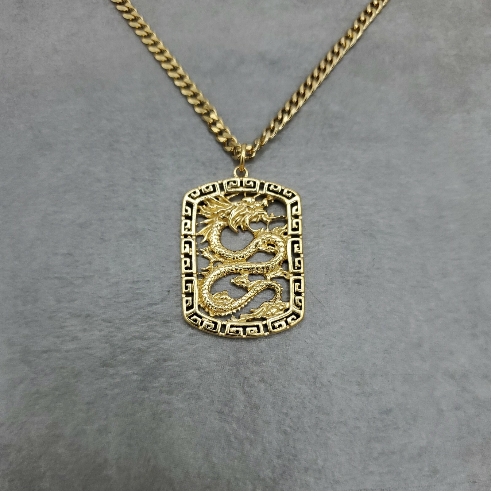Dragon Square Pendant GOLD Plated Necklace Asian Mythology Power Strength Health