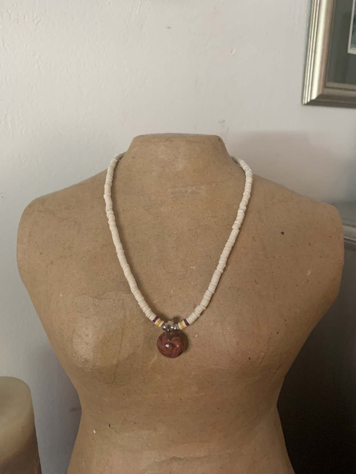 White Beaded Pendant Necklace w/ Red Round Charm Pendant, Lobster Clasp