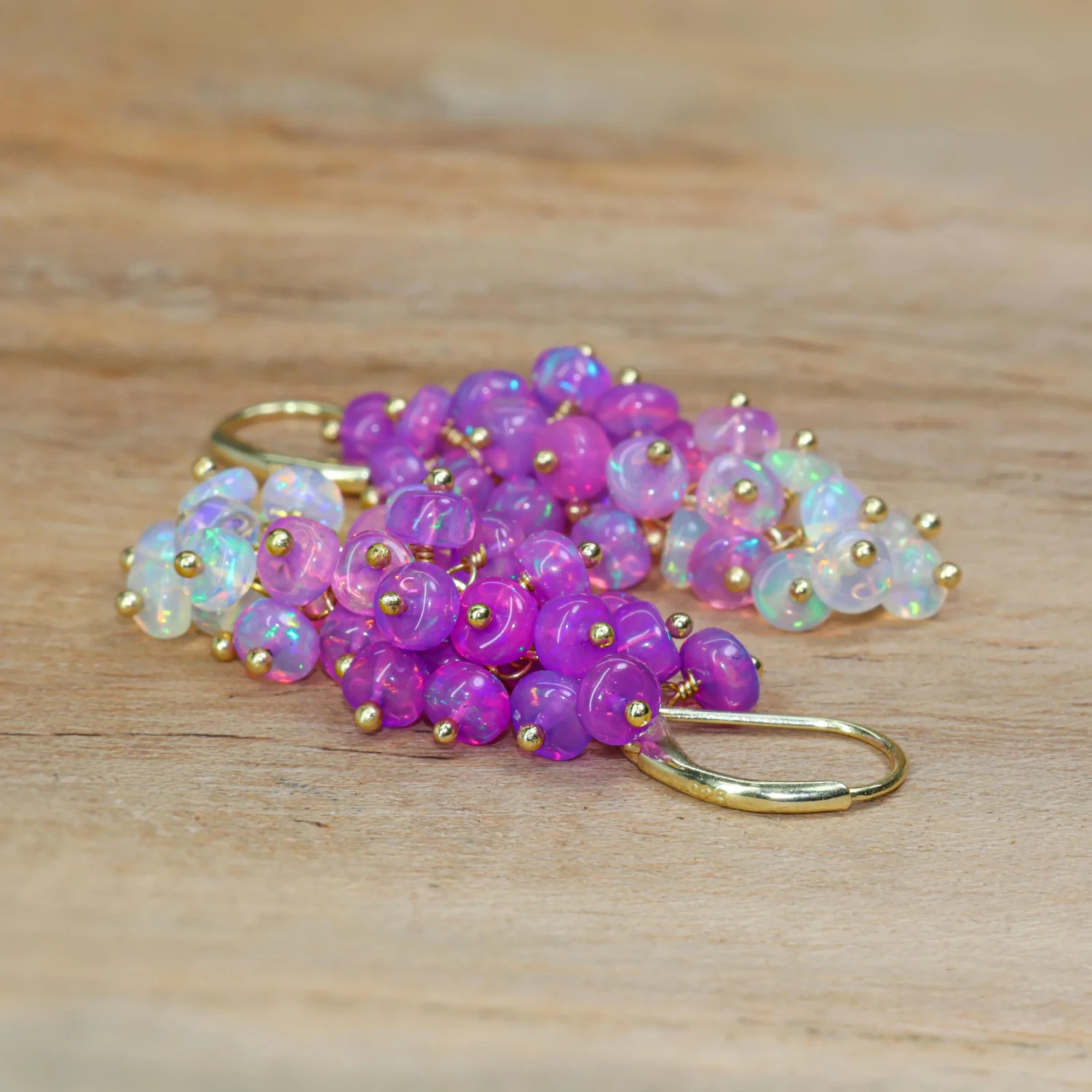 Fire Purple Opal Beads Cluster Earring, Genuine Opal Beaded Earring, Opal Dangle