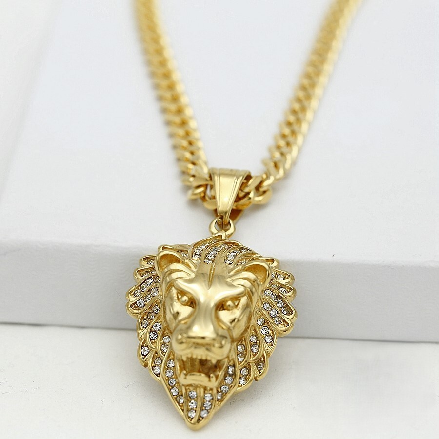 Men’s Gold,Stainless-Steel 24″ Cuban Curb Necklace Lion Head Pendant + BOX