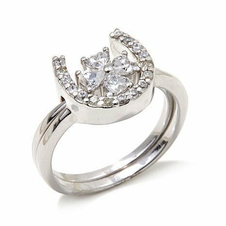Horseshoe Wedding Band Ring Heart & Round Simulated Diamond Sterling Silver
